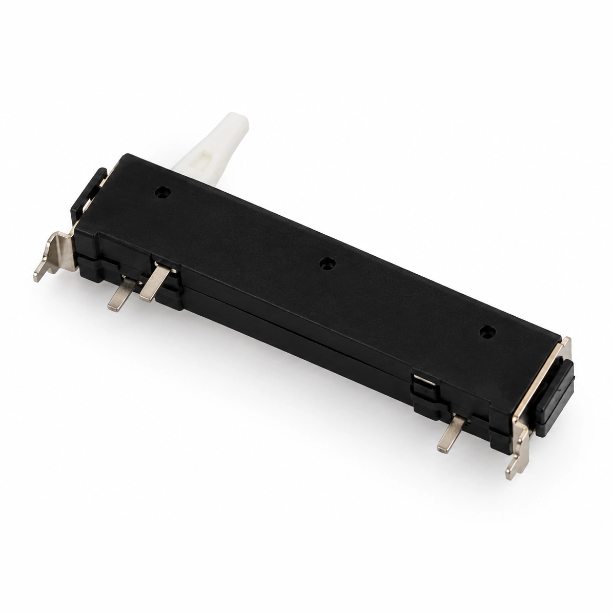 black linear slider potentiometer with white knob and metal pins on white background