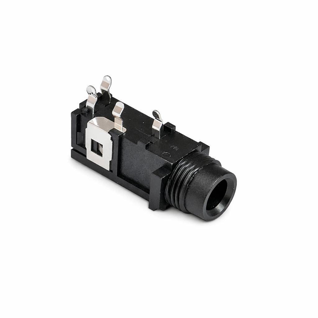 Black 4-pin stereo phone jack PCB mount connector with metal terminals, no rim