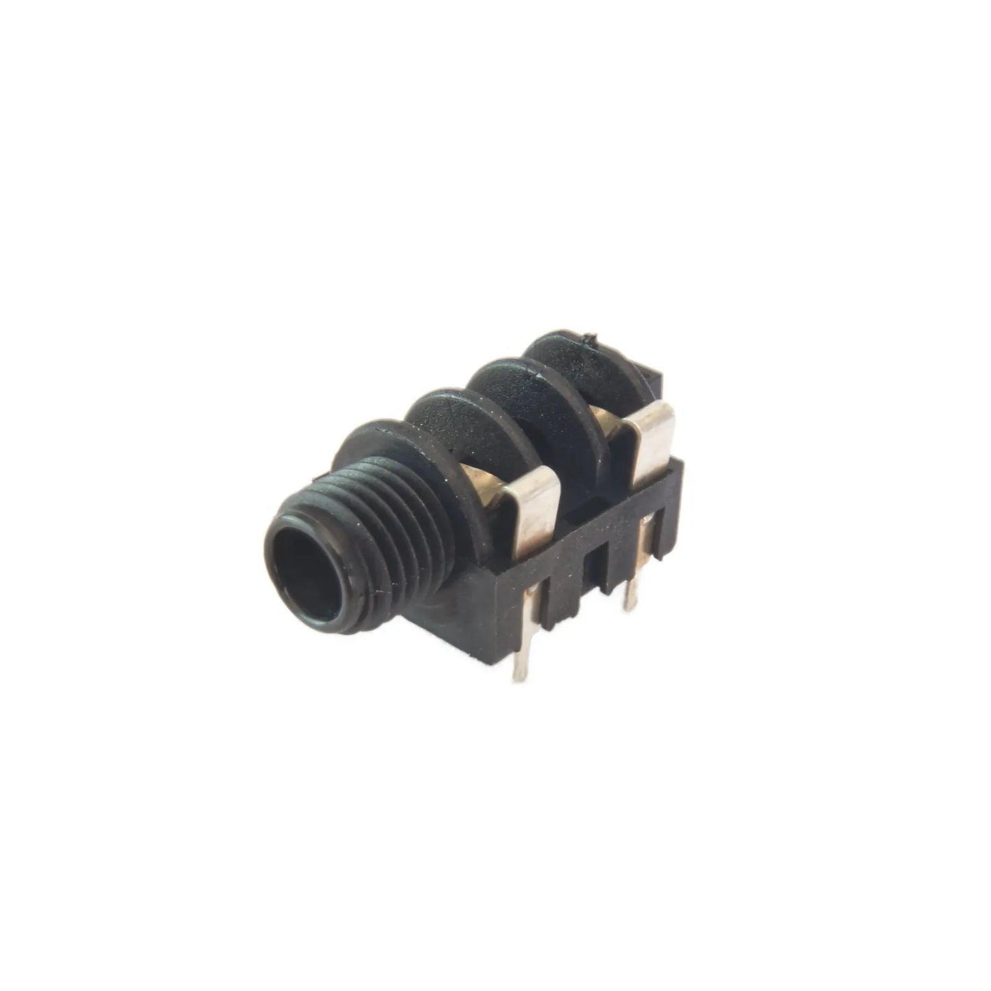 Black 3.5mm mono phone jack audio connector with metal contacts, isolated on white background