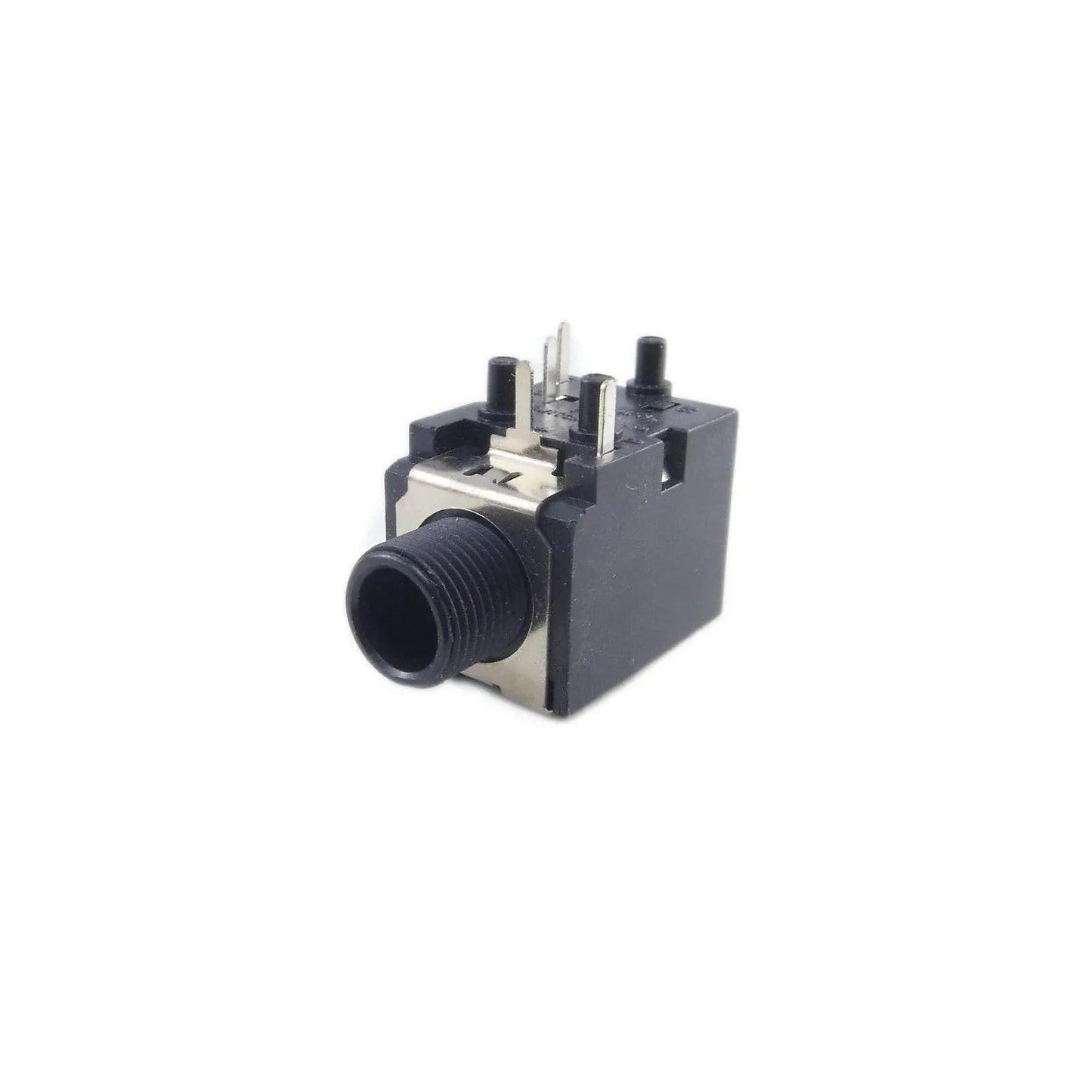 Close-up of a black stereo phone jack socket with metal terminals on a white background