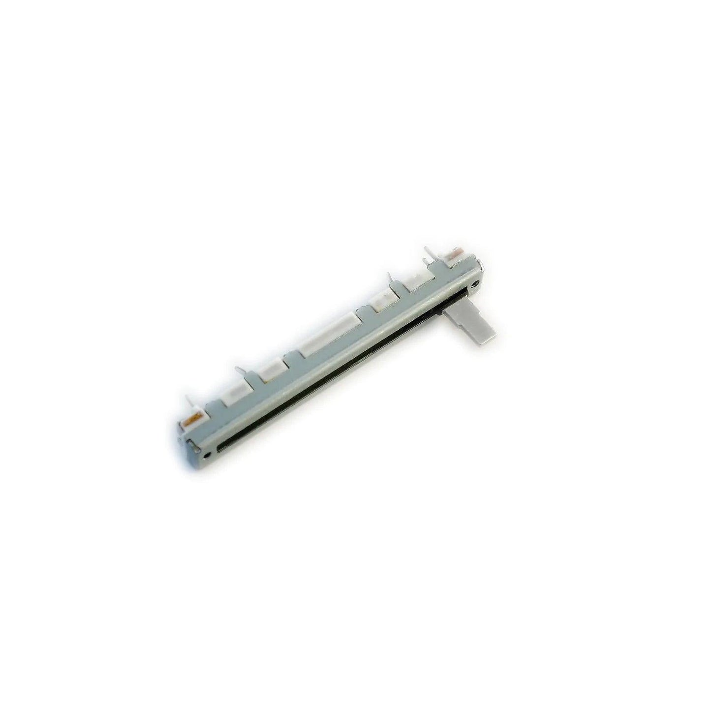 Close-up of a silver slide potentiometer for electronic synthesizer parts on white background