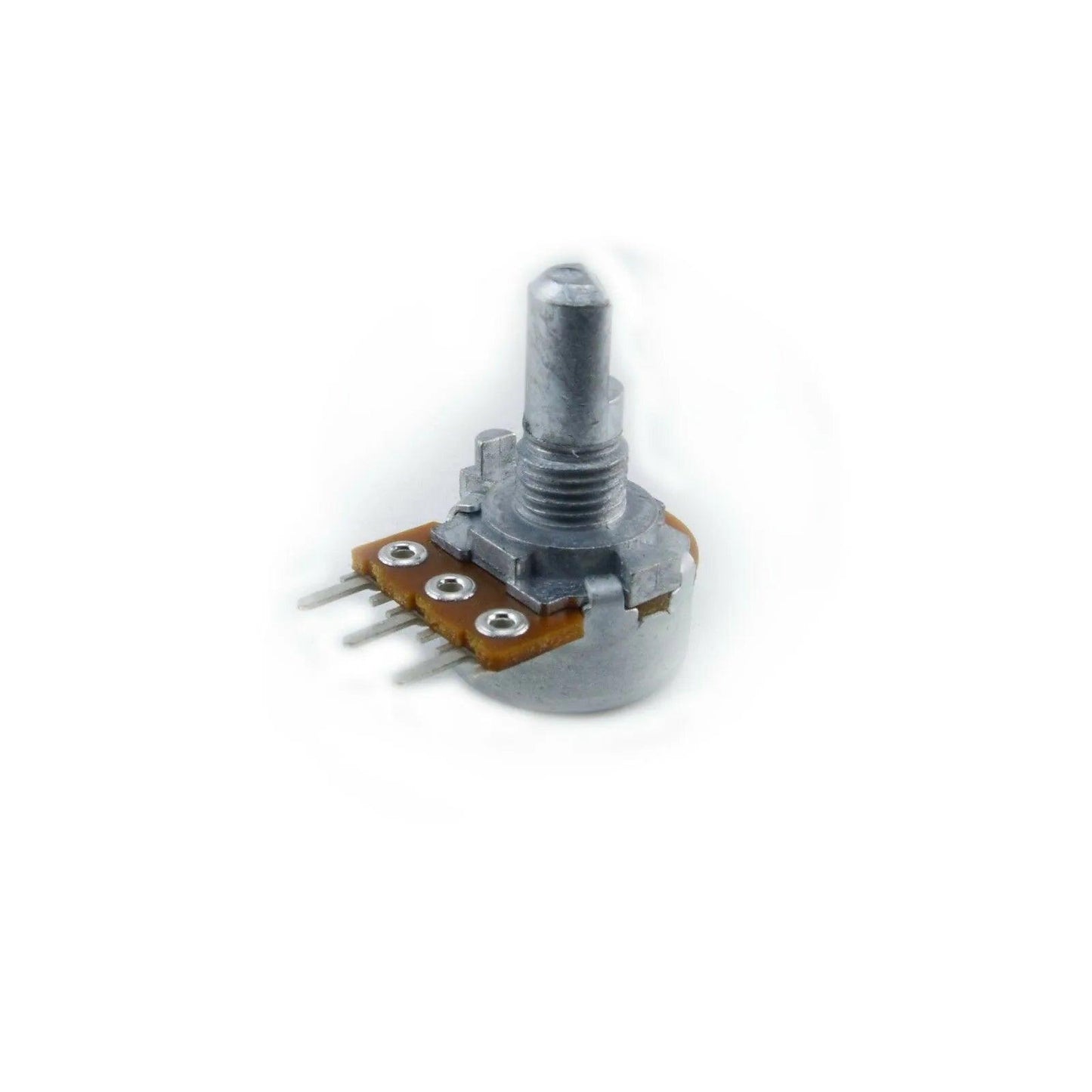 Close-up of a rotary potentiometer electronic component with metal shaft and three pin connectors
