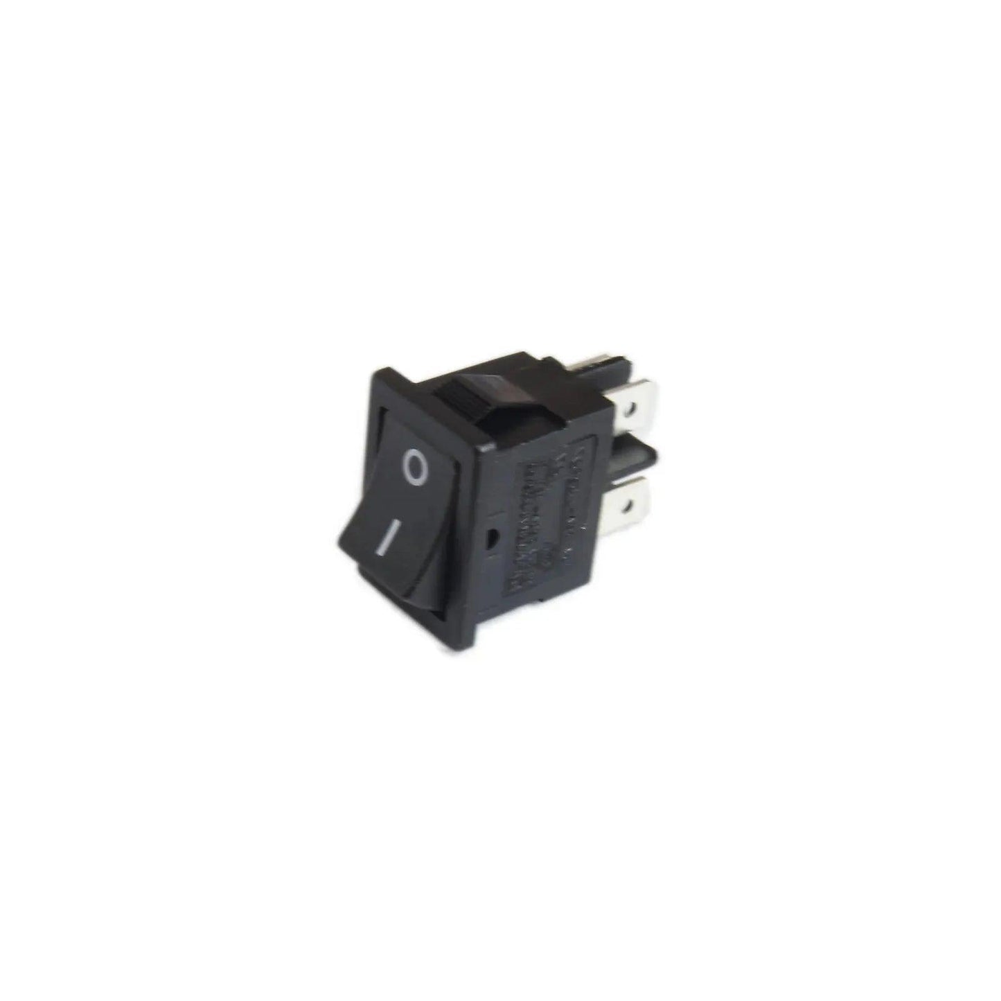 Black rectangular rocker power switch with on/off markings and metal terminals on white background