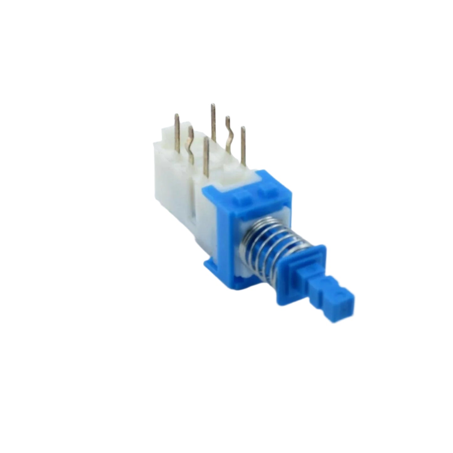 Close-up of Korg DDD-1 power switch with blue plastic housing and metal spring, synthesizer part