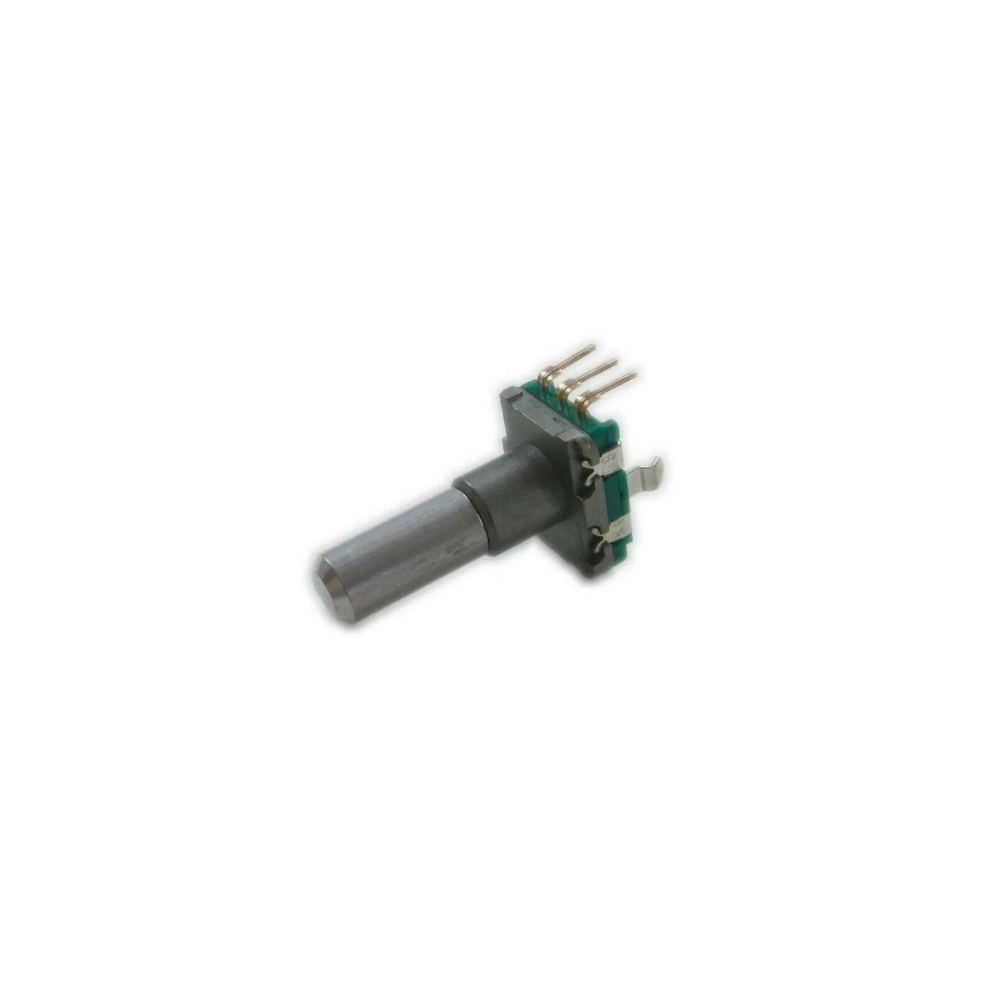 Close-up of Korg Kaoss Pad rotary encoder part with metal shaft and circuit board pins