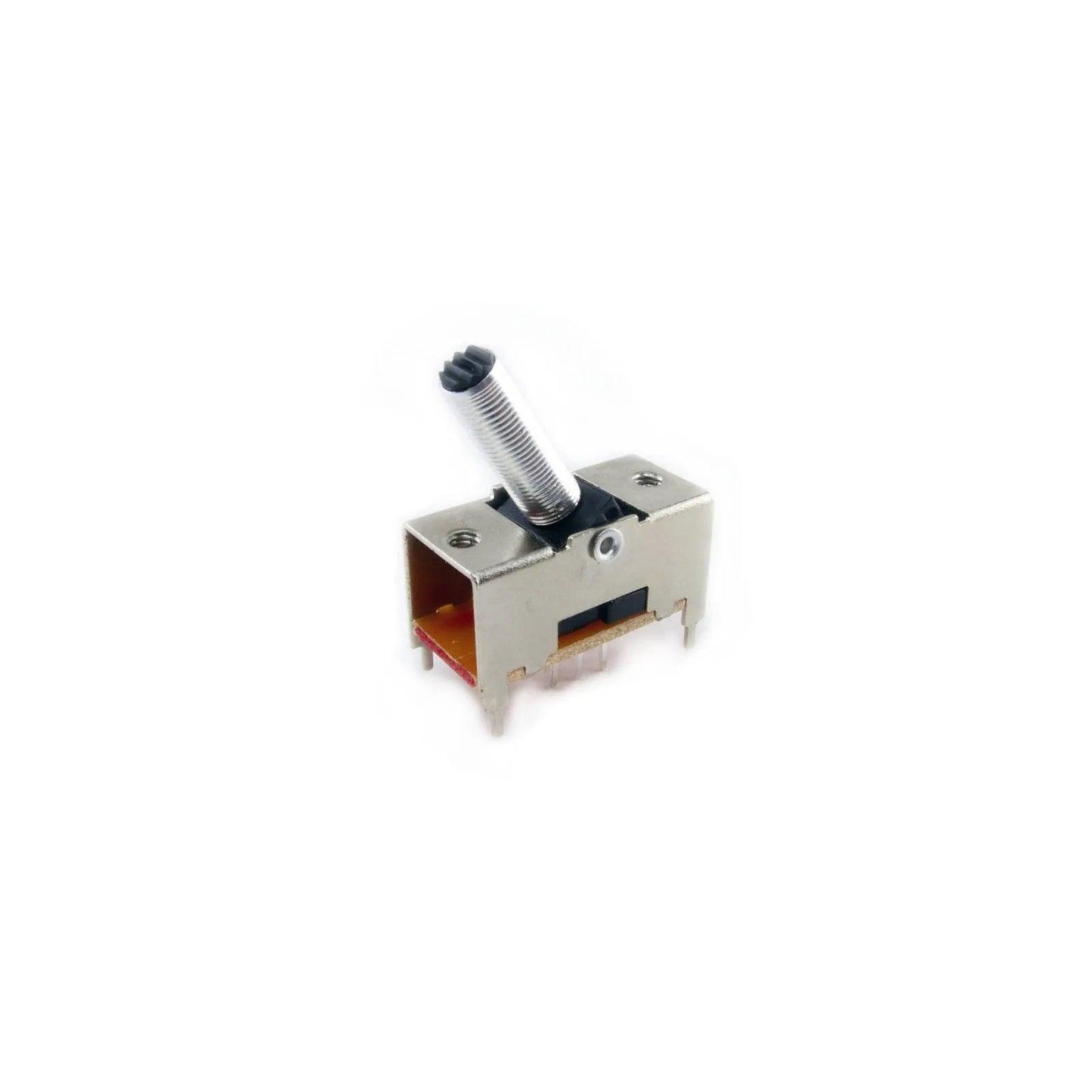 Silver metal toggle switch with threaded shaft and black base on white background
