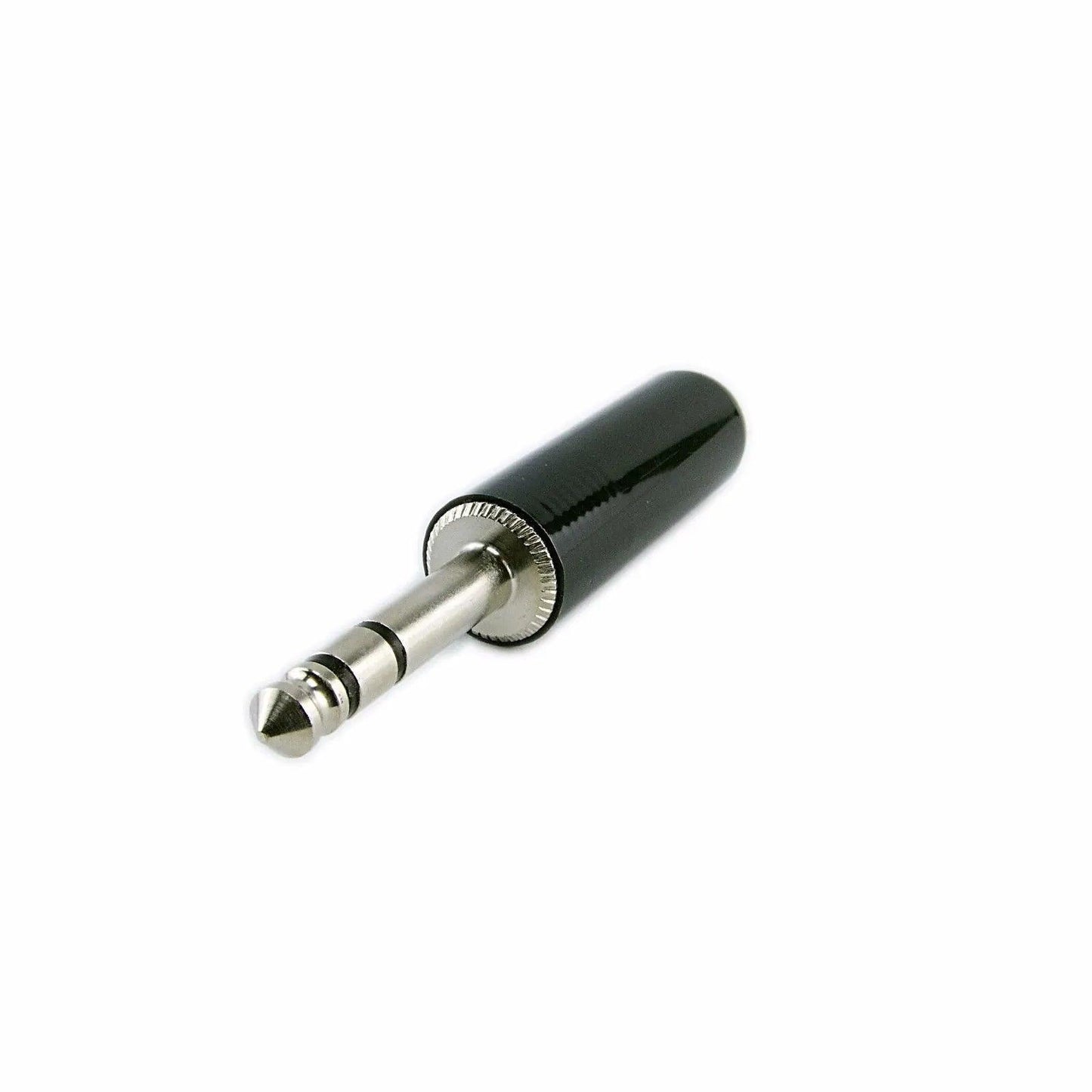 Black and silver 3.5mm TRS audio jack adapter connector on white background