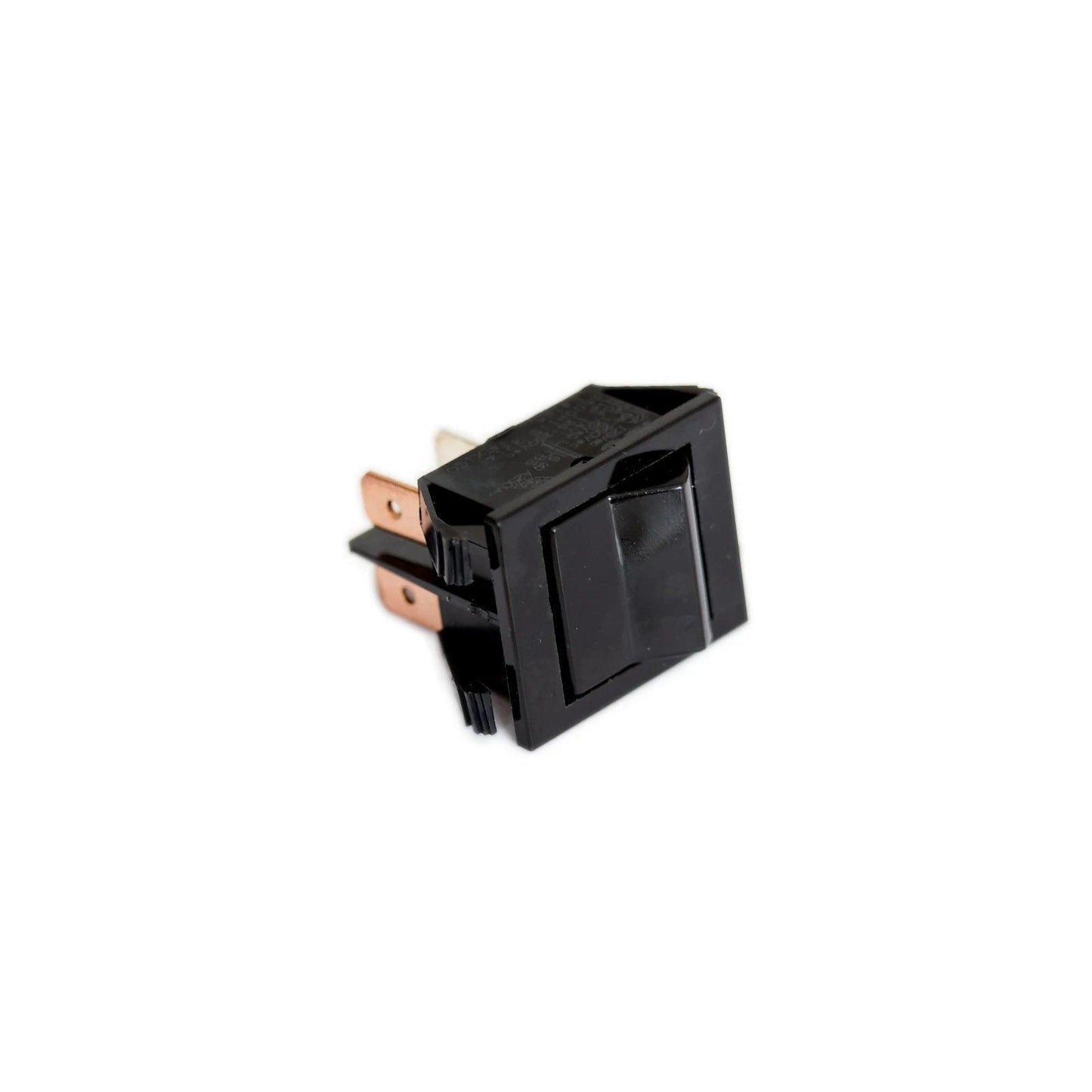 Black rectangular rocker power switch with copper prongs on white background