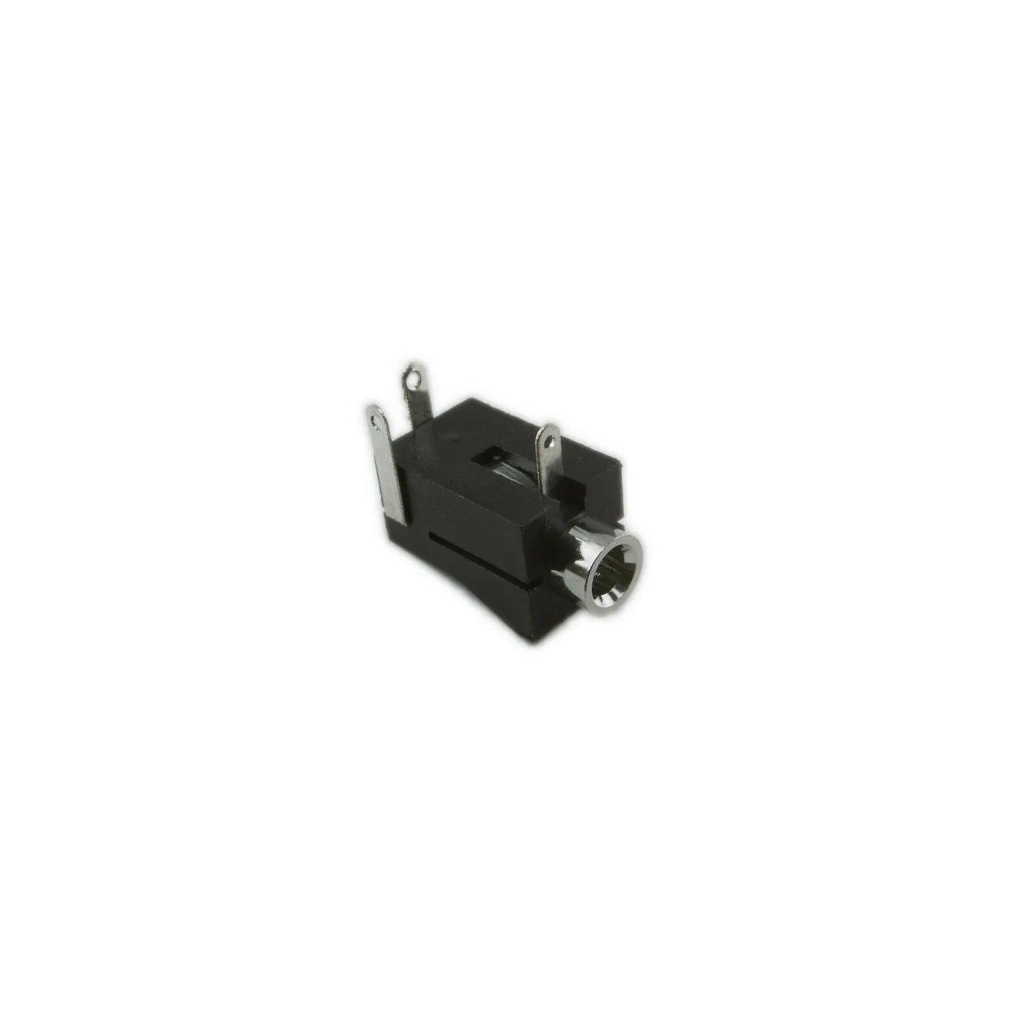 Close-up of a black DC power jack with metal connectors for Moog Rogue synthesizer