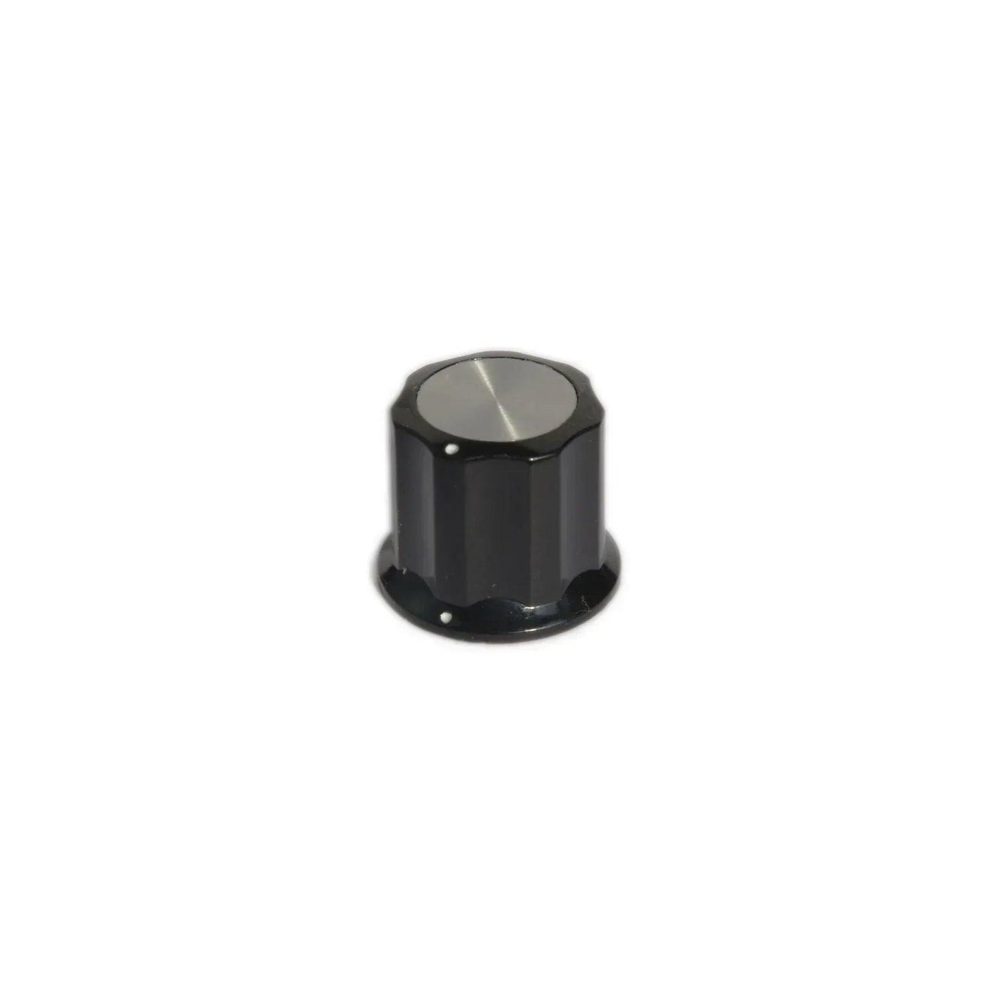 Black Moog Slim Phatty potentiometer knob with silver top and white indicator dots
