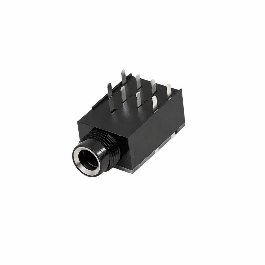 Black Oberheim Eclipse synthesizer phone jack module with eight metal pins isolated on white