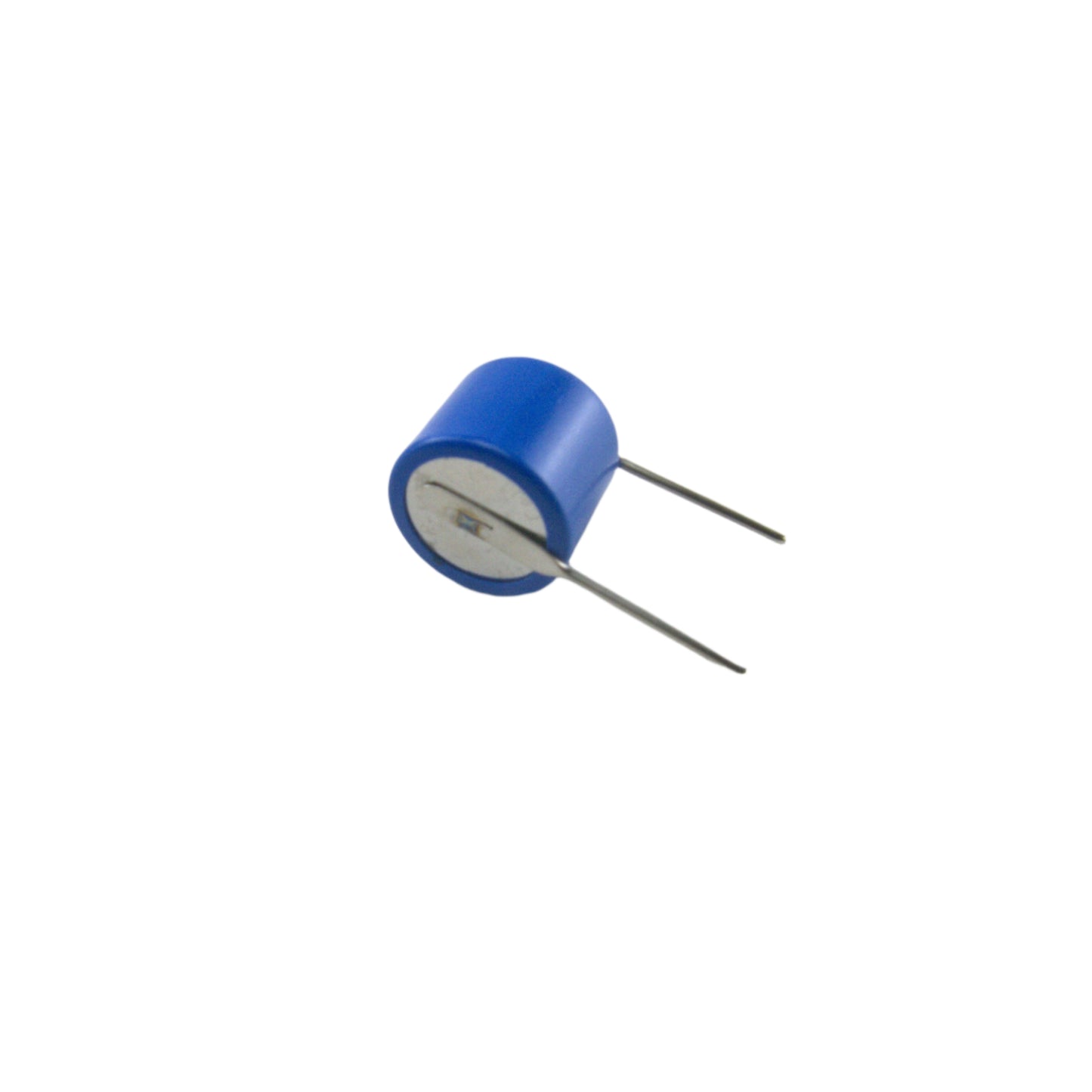 Blue cylindrical capacitor with two metal leads on white background