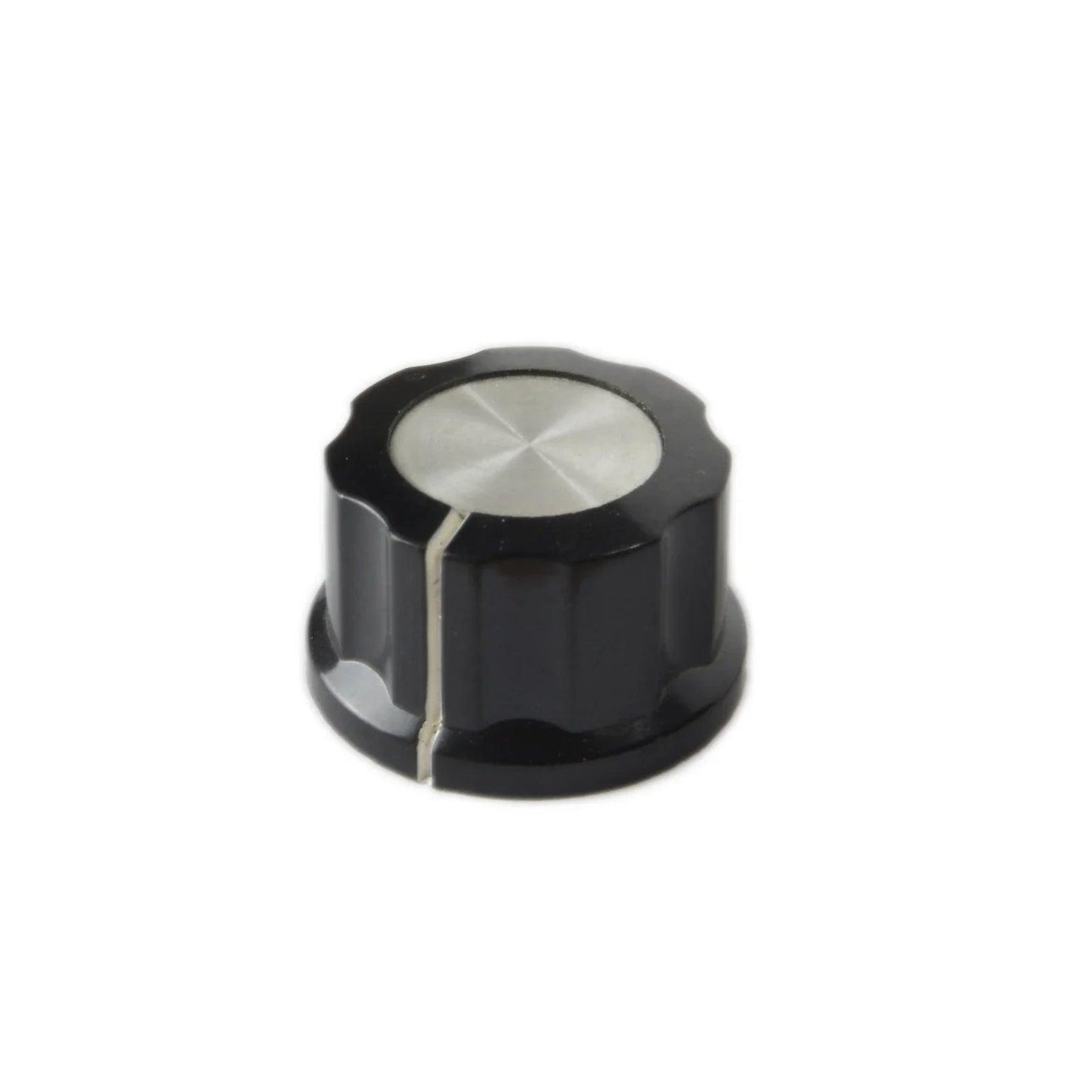 Black knob with metallic silver top and white indicator line, synthesizer replacement part