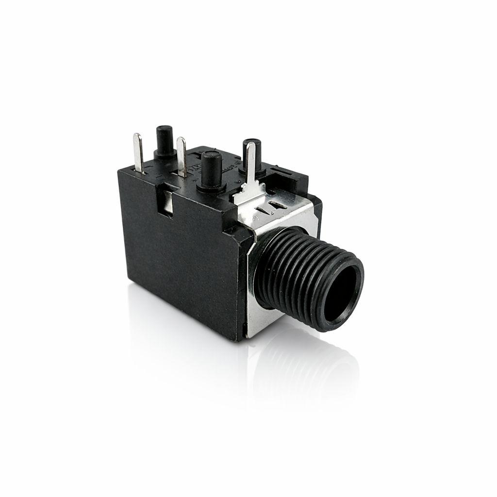 Replacement black 1/4 inch audio jack for synthesizer, shown on white background