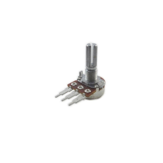 10kB rotary potentiometer for synthesizer repair, metal shaft, three solder pins, white background