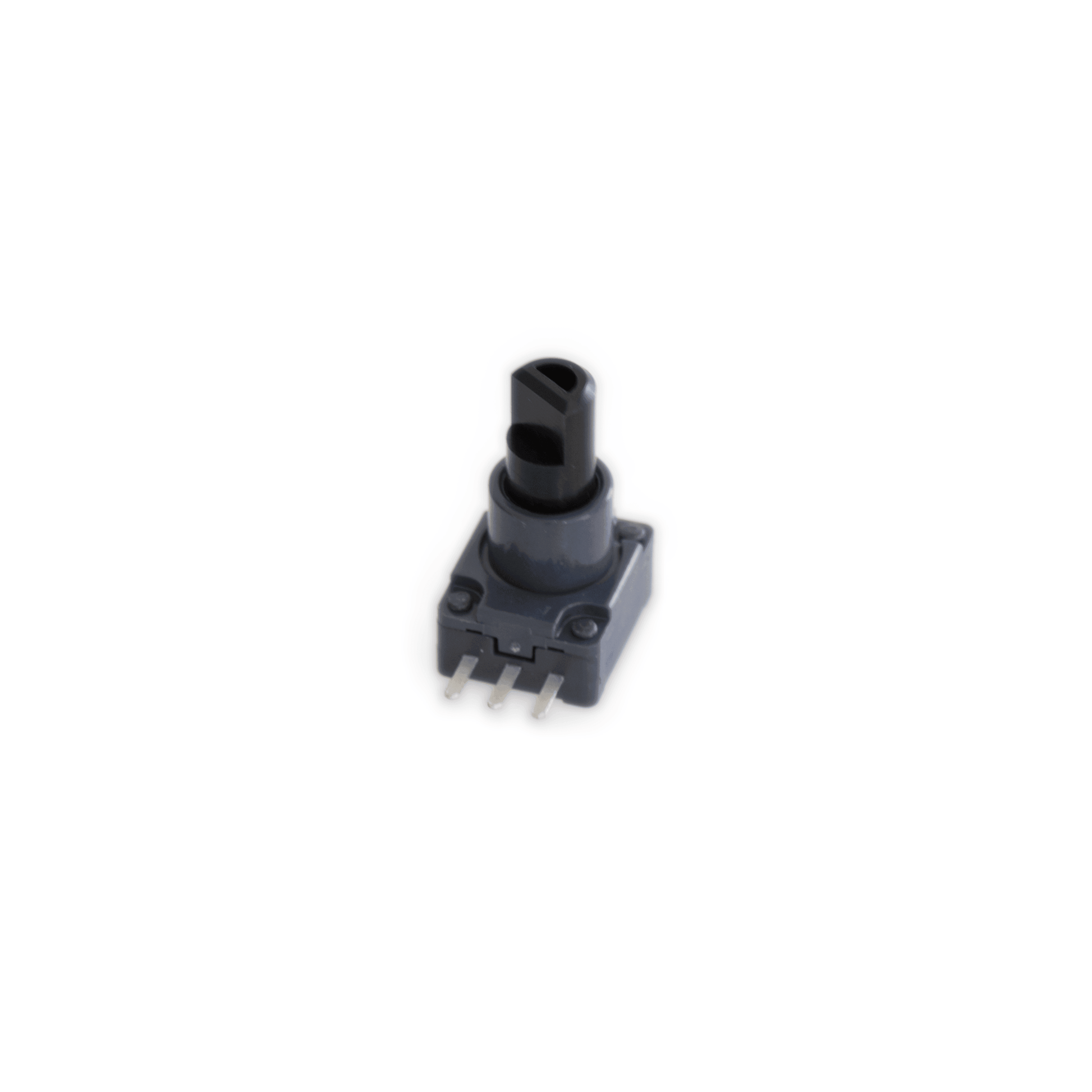 The Yamaha - P125, a compact rectangular gray rotary potentiometer with a black knob and three metallic pins extending from the bottom, is often employed for adjusting electronic devices or as pedal control.