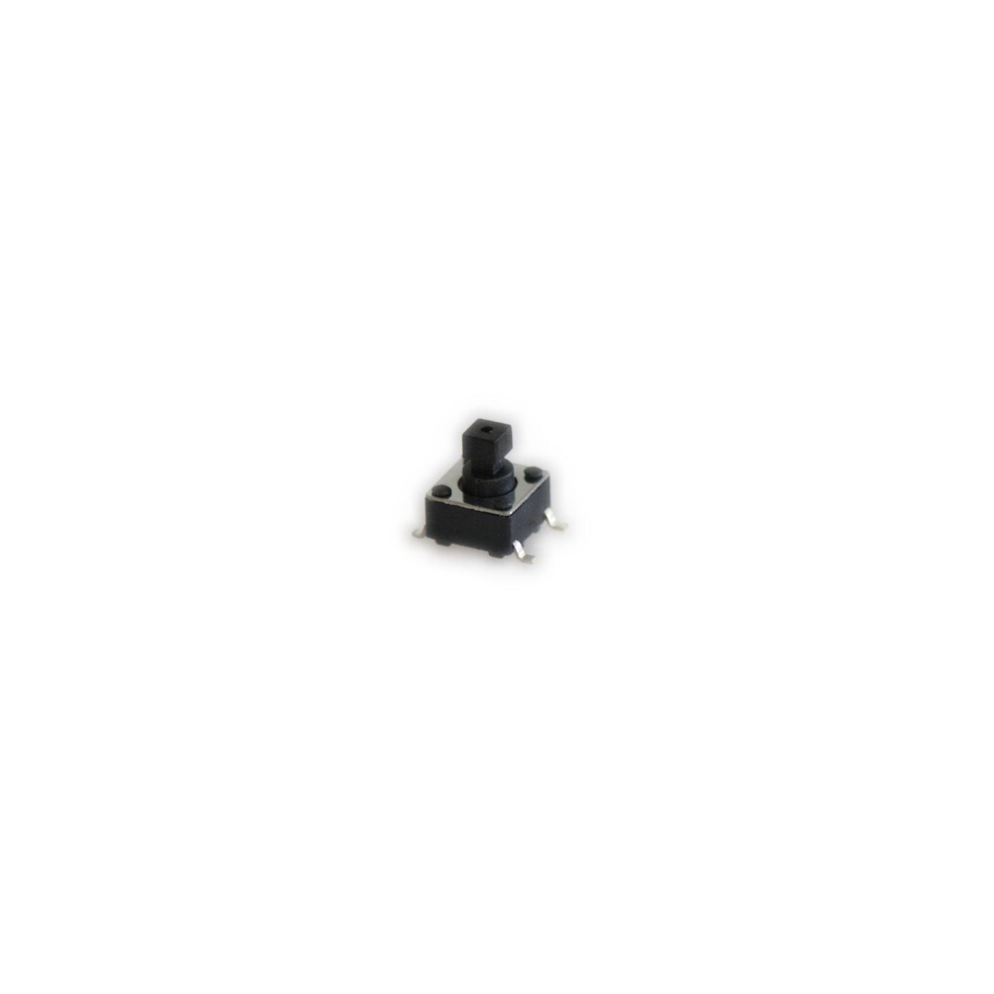 The Ensoniq ASR-X and ASR-X Pro Pushbutton Tact Switch is a compact, square-shaped black switch featuring four metal pins for easy circuit board mounting. It has a centrally located vertical stem for pressing and is photographed against a plain white background.