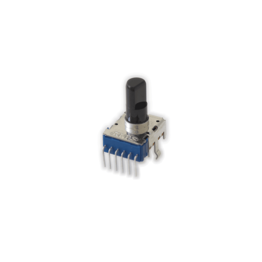 Close-up image of a Korg rotary potentiometer with a black plastic shaft and a blue base, resembling a sleek styling tool. The Kross 61/88's multiple metal pins extend from its base for electronic connections, similar to the precision found in advanced hair care devices.