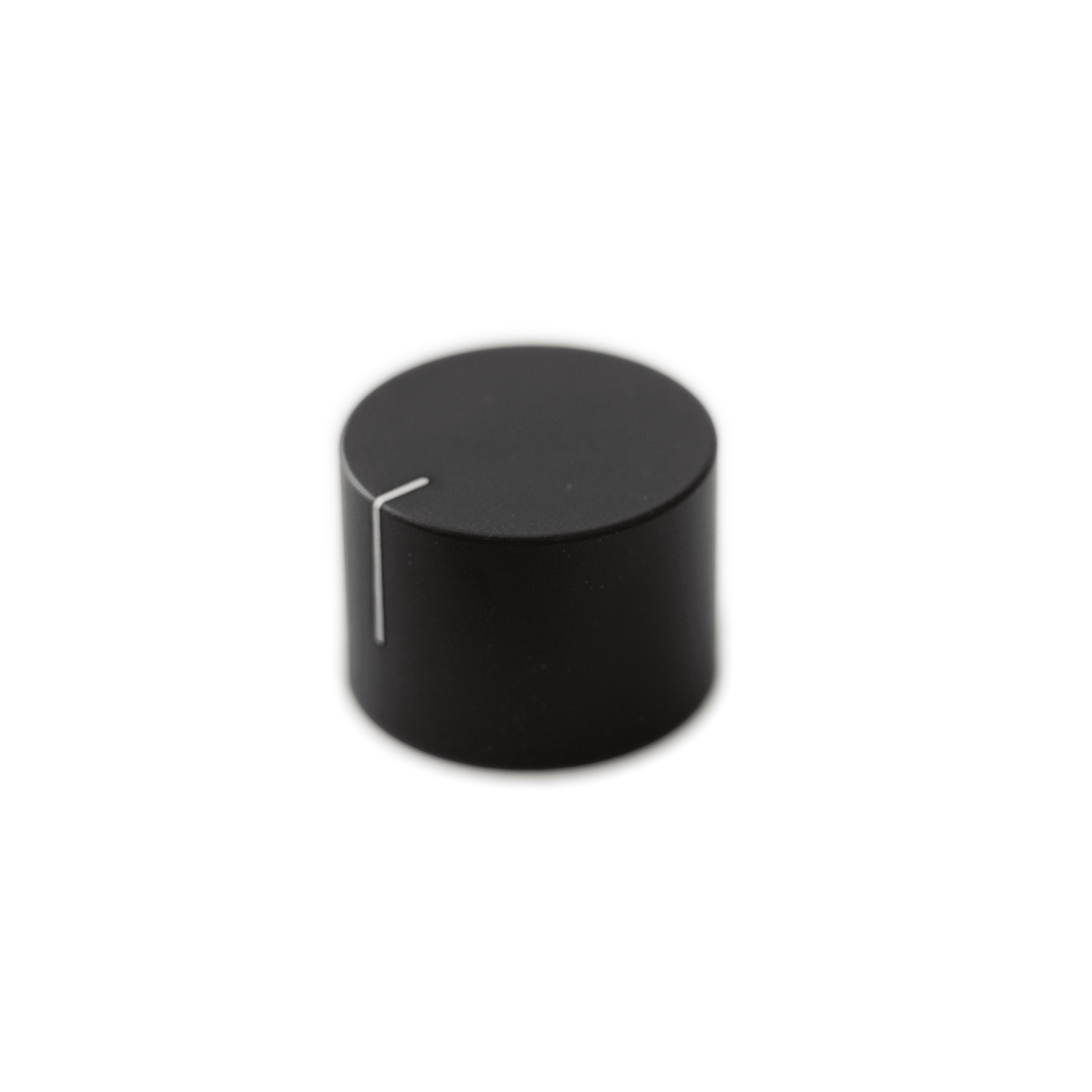 A close-up image of the Waldorf - Kyra - Knob aluminum with indicator, a large black rotary knob with a small white indicator line on its side, set against a plain white background. This knob appears to be used for adjusting settings on electronic devices or appliances.