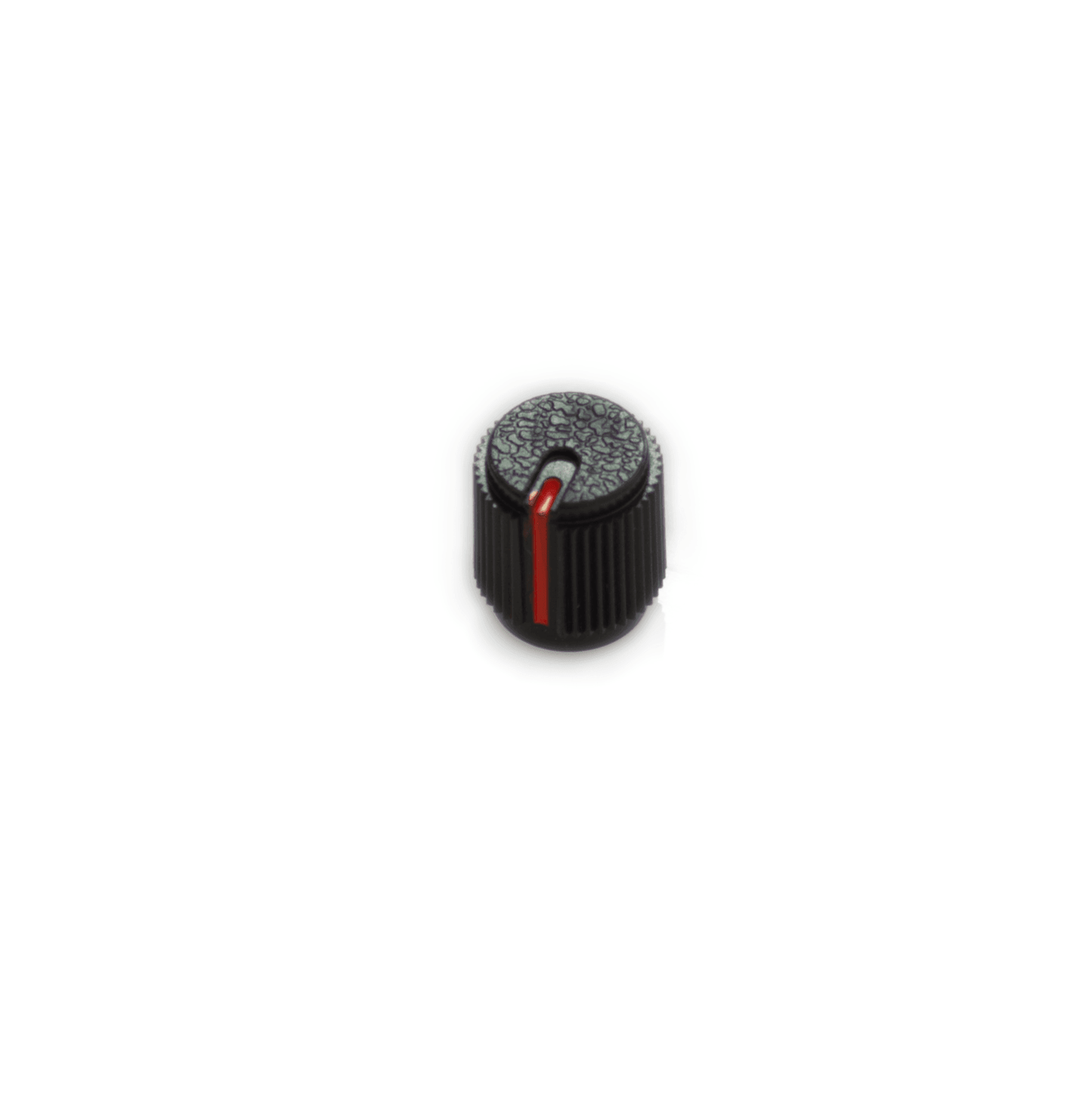 The Boss BF-2 Knob, a black, ribbed control knob with a red indicator line, is displayed against a plain white background. This replacement knob, compatible as a Roland part, features a textured, slightly domed top.