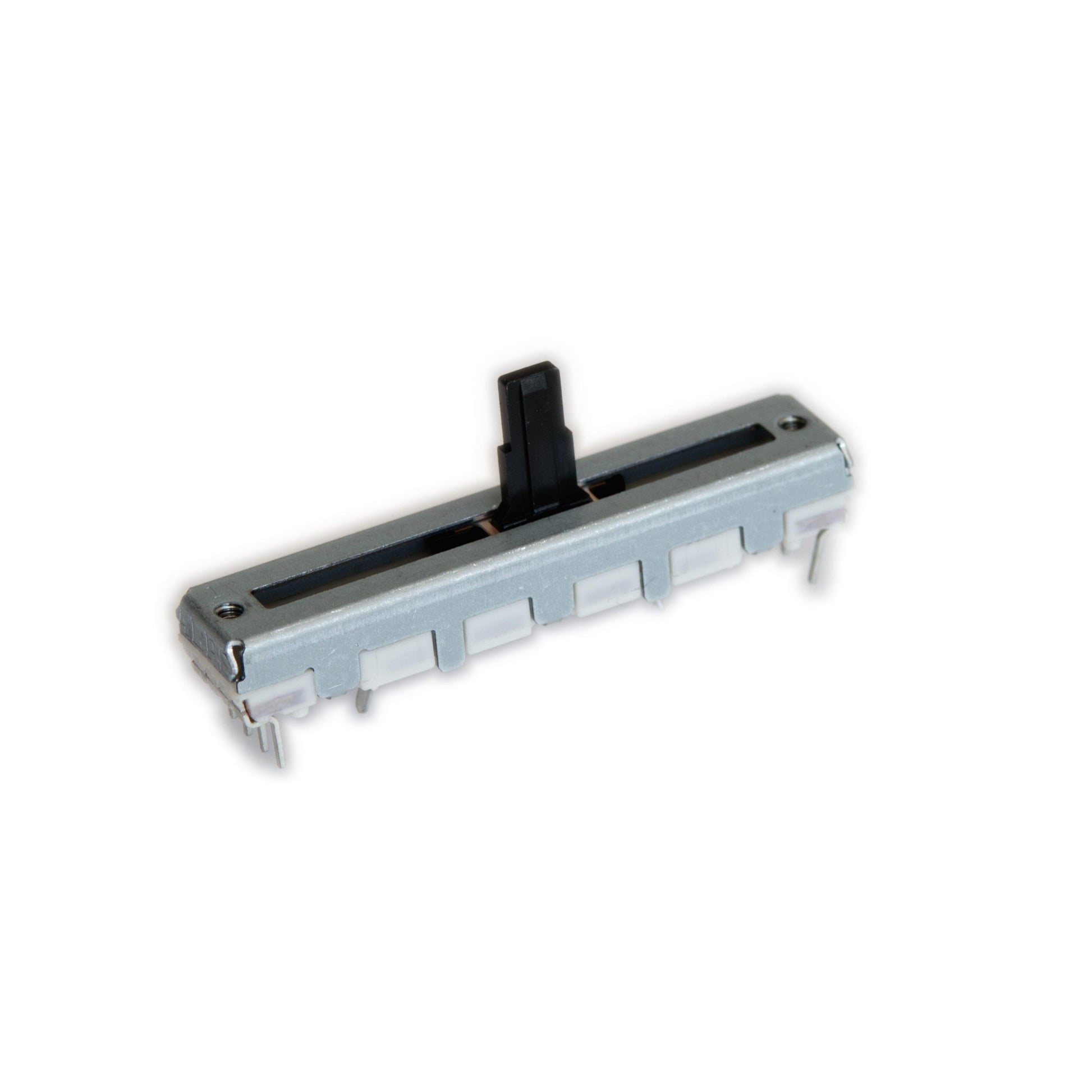 Single slide potentiometer with metal body and black slider on white background