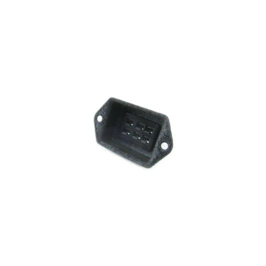 Black 6-pin female socket connector for ARP 2600 synthesizer parts isolated on white