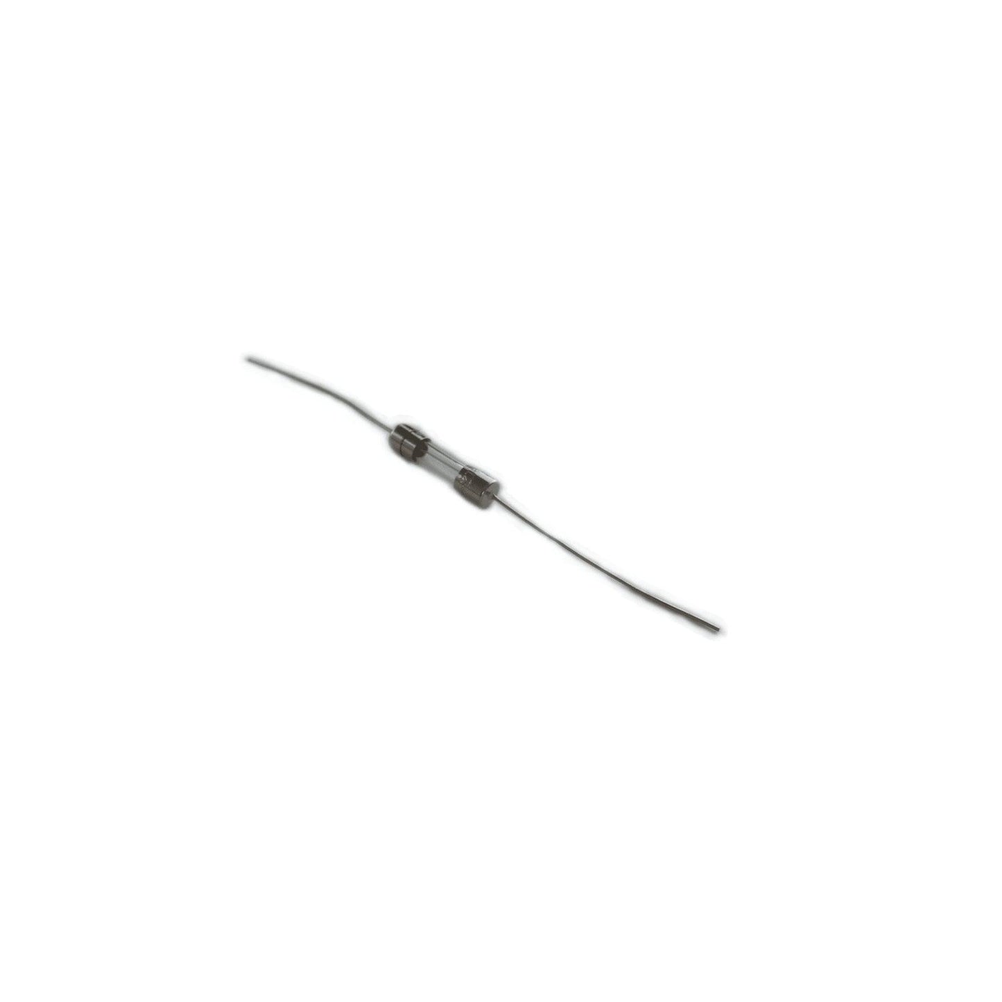 Close-up of a glass fuse with metal end caps and attached thin wires on a white background