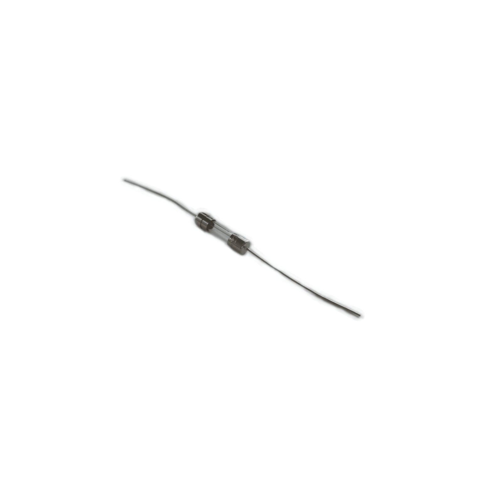 Close-up of a glass fuse with metal end caps and attached thin wires on a white background