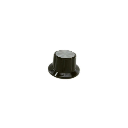 Black ARP Odyssey synthesizer knob with silver top and white indicator line on white background