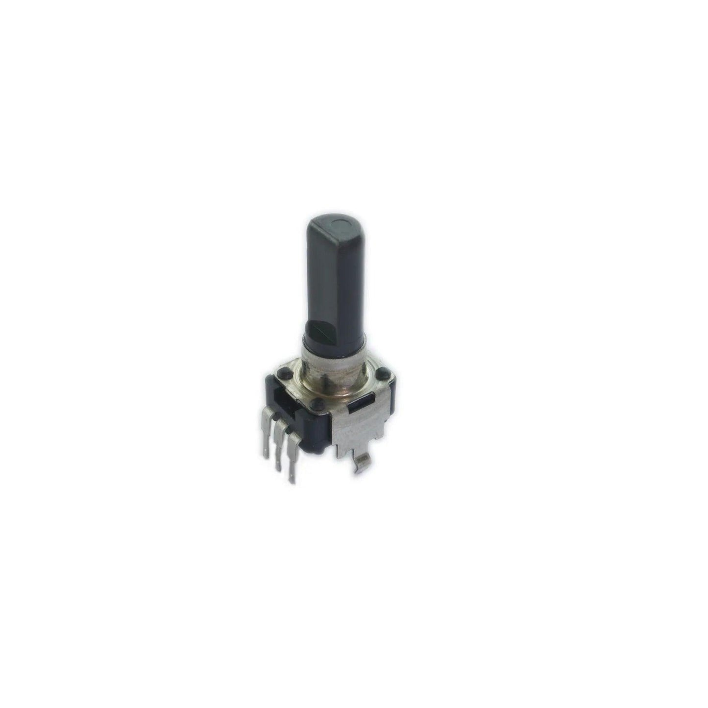 Close-up of black potentiometer knob with metal base and pins for Arturia Minibrute synthesizer part