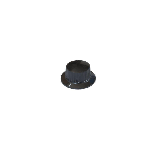 Black large knob synthesizer part with textured grip and indicator line on white background