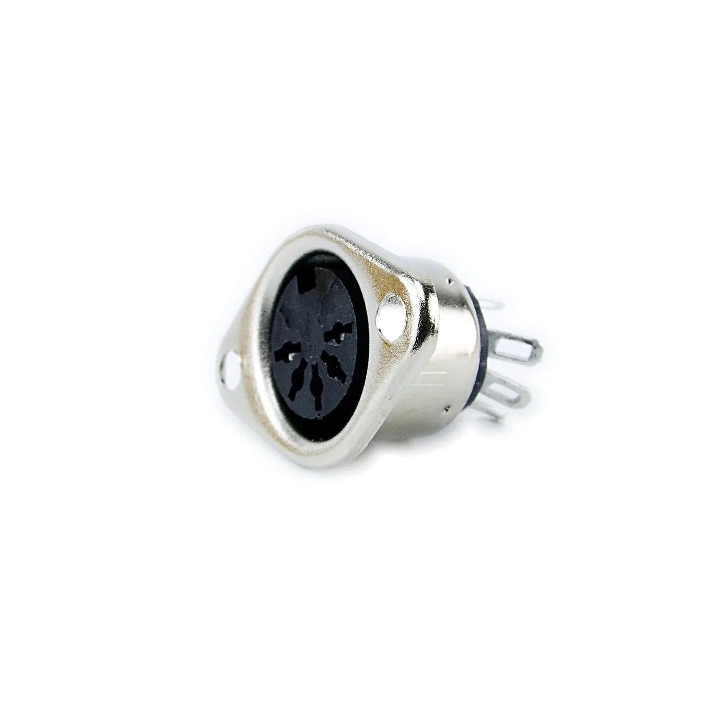Close-up of a 5-pin DIN female panel mount socket connector with metal housing on white background