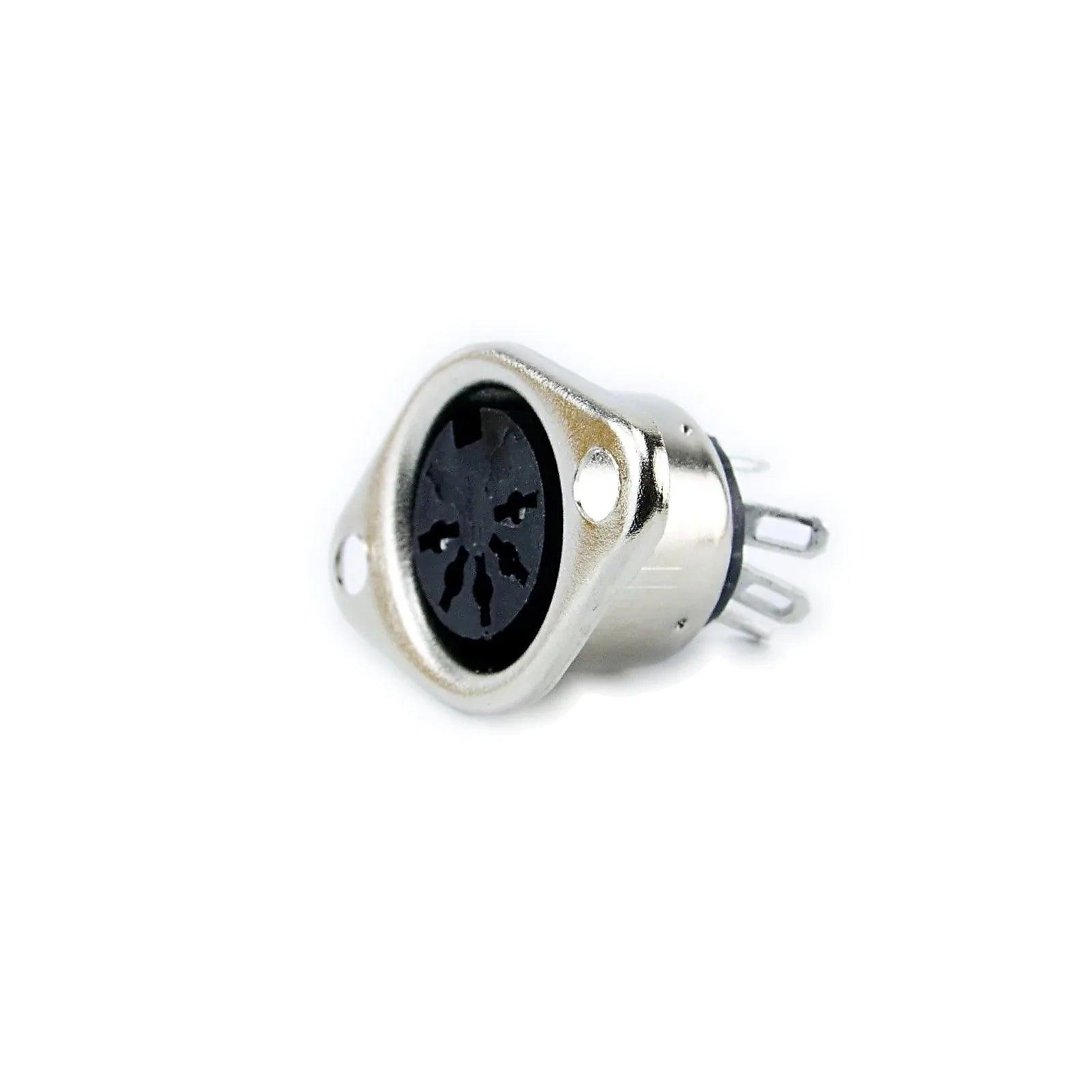 Close-up of a 5-pin DIN female panel mount socket connector with metal housing on white background