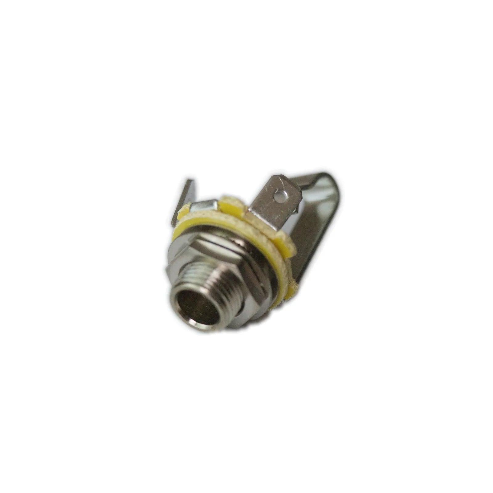 Close-up of a metal 1/4 inch mono phone jack connector with mounting hardware and solder lugs