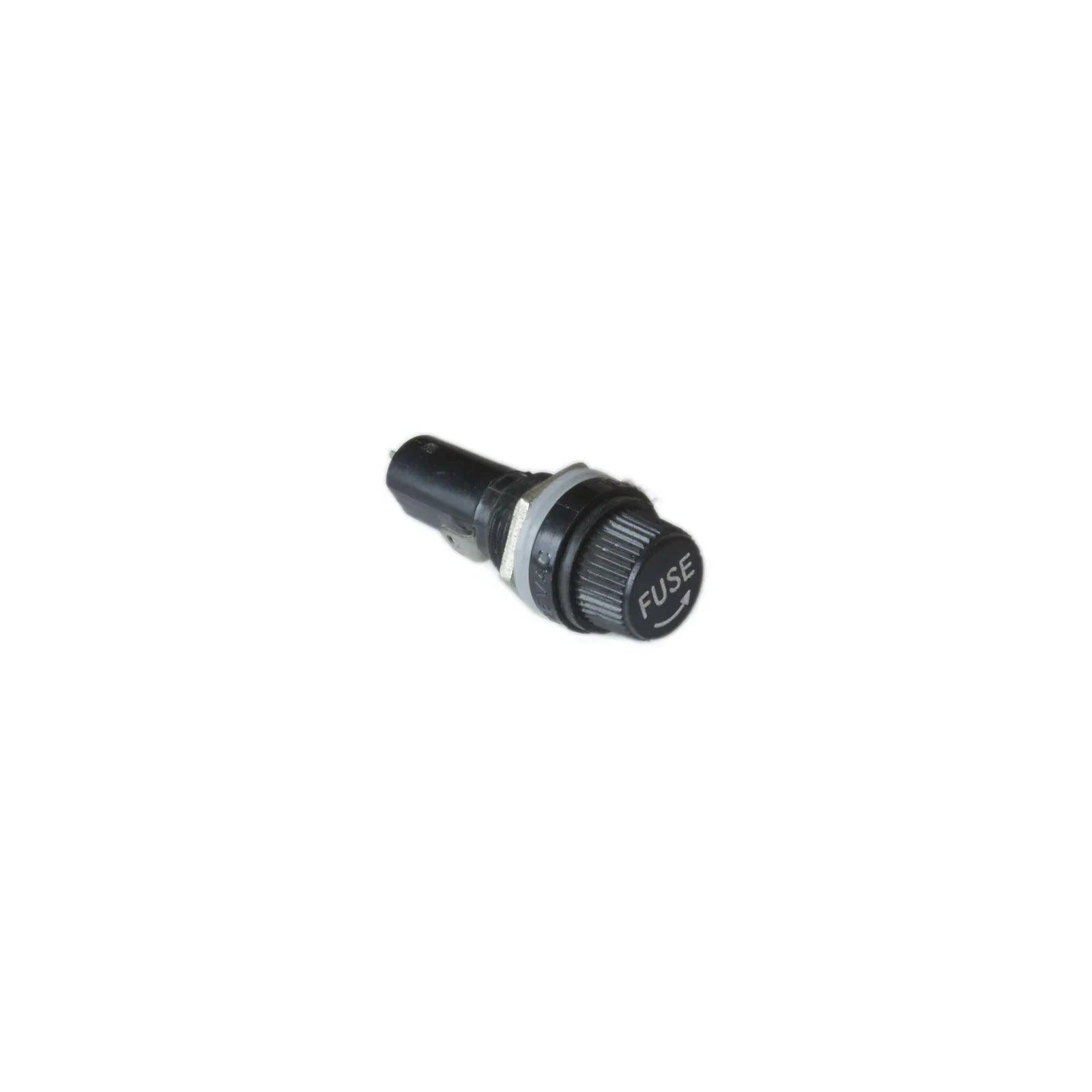 Black panel mount fuse holder with fuse label and arrow on knob isolated on white