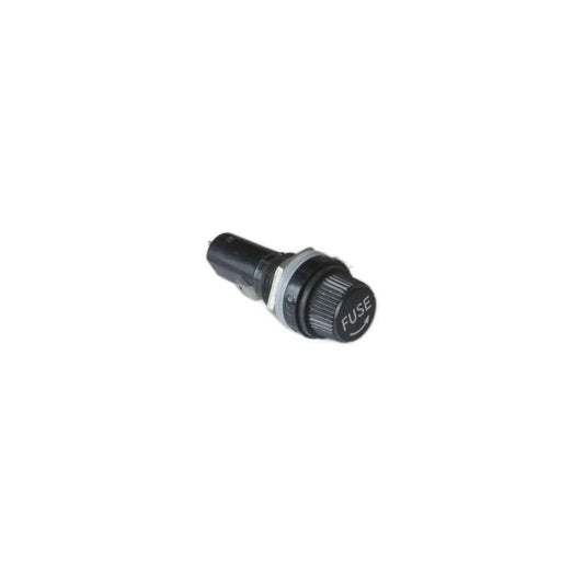 Black panel mount fuse holder with fuse label and arrow on knob isolated on white