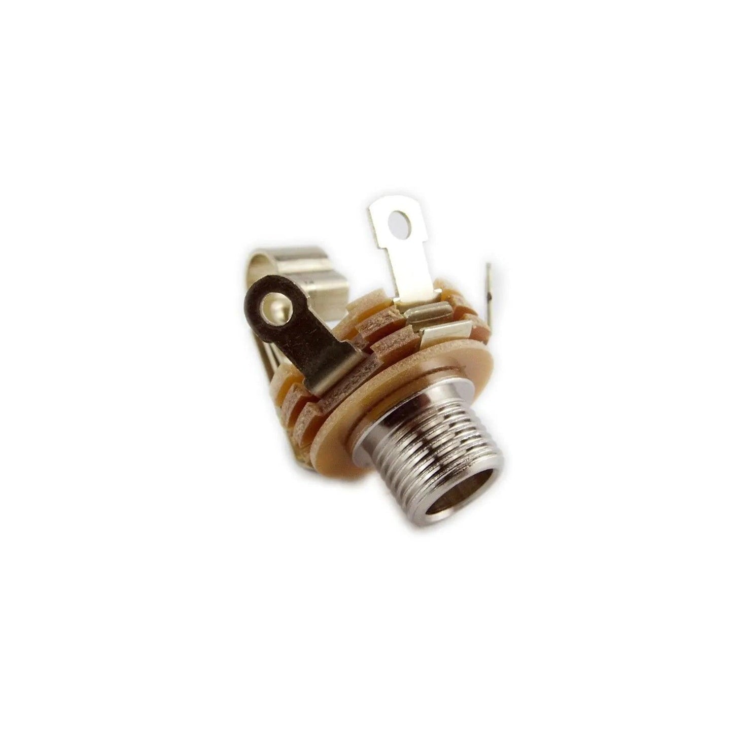 Close-up of a Crumar Roadrunner synthesizer phone jack connector with metal and plastic parts
