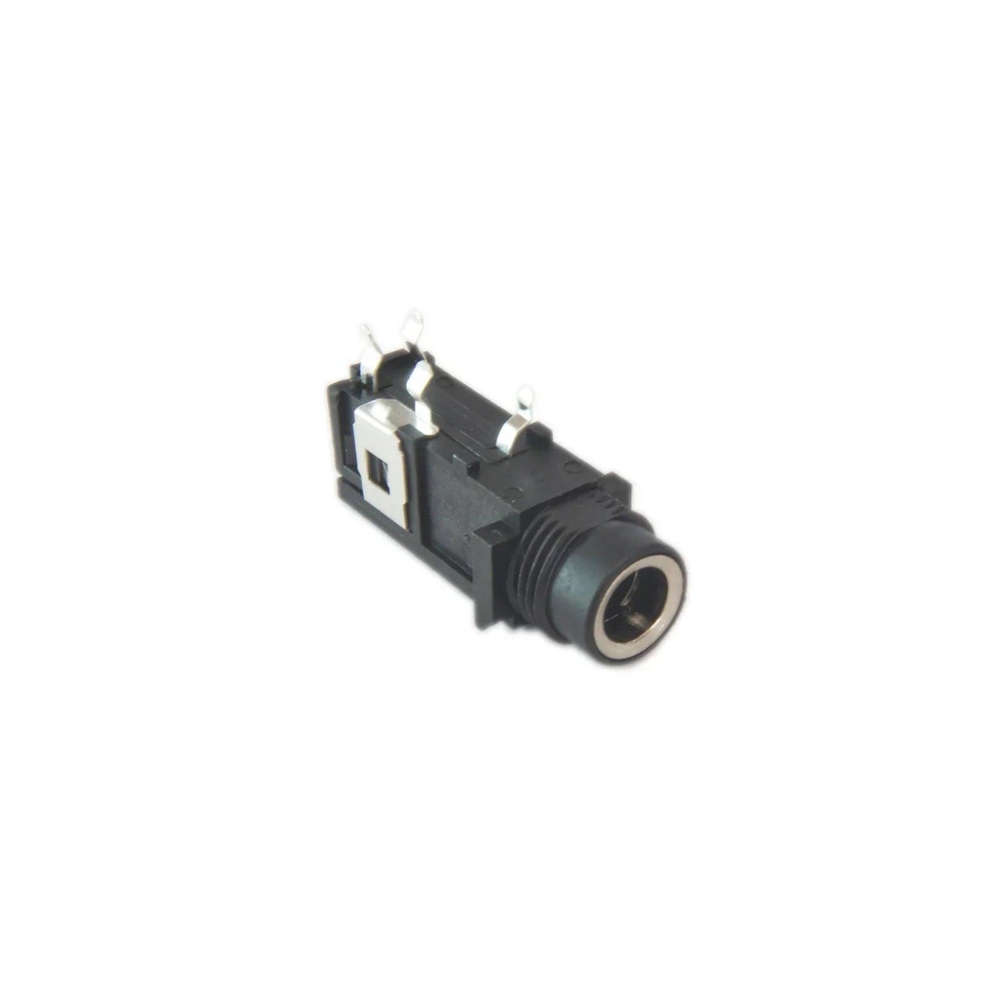 Black 3.5mm phone jack audio connector with metal terminals on white background