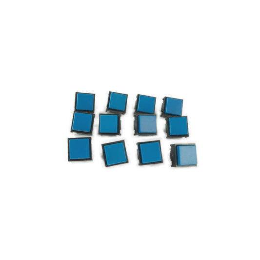 Set of twelve blue square panel switches for E-mu Drumulator synthesizer parts on white background
