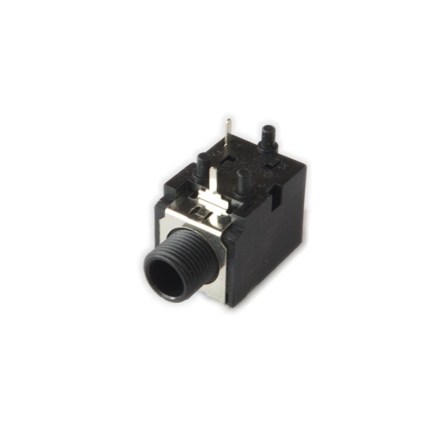 Close-up of black 3.5mm audio jack connector electronic component on white background
