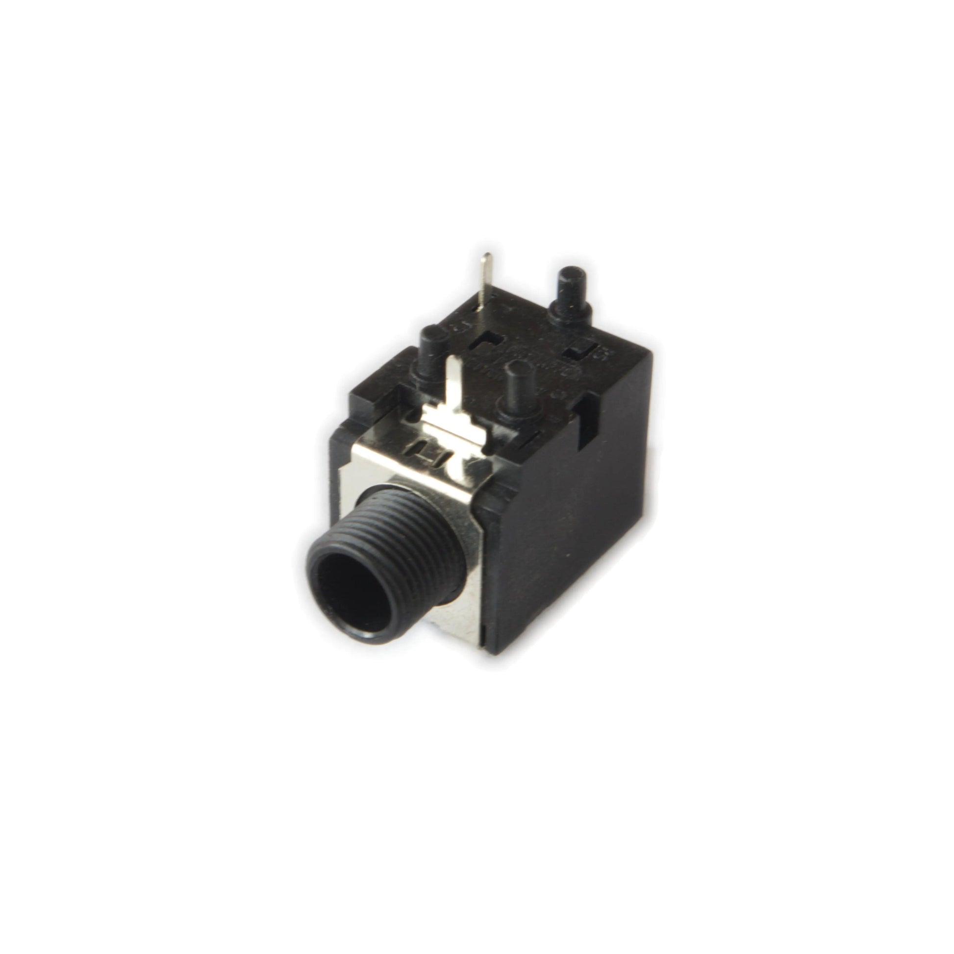 Close-up of black 3.5mm audio jack connector electronic component on white background