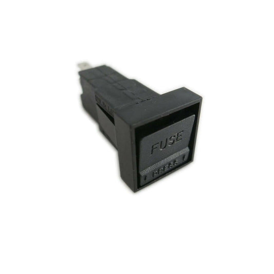 Black fuse holder with square cap labeled FUSE for electronic circuits