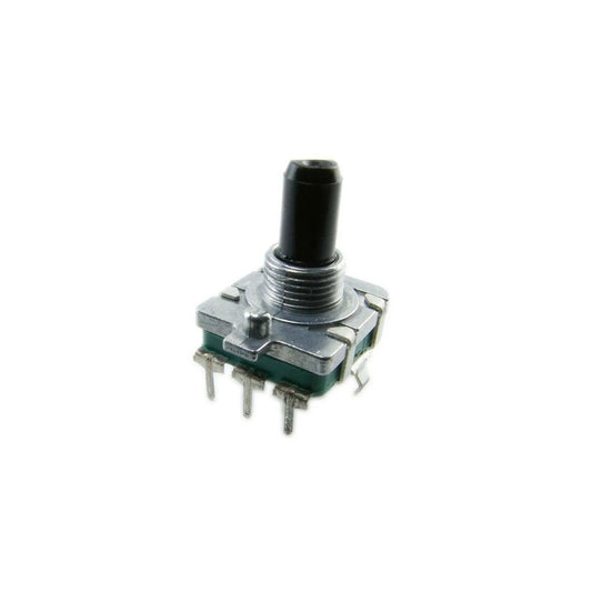 Close-up of a small electronic rotary encoder with metal casing and black plastic shaft