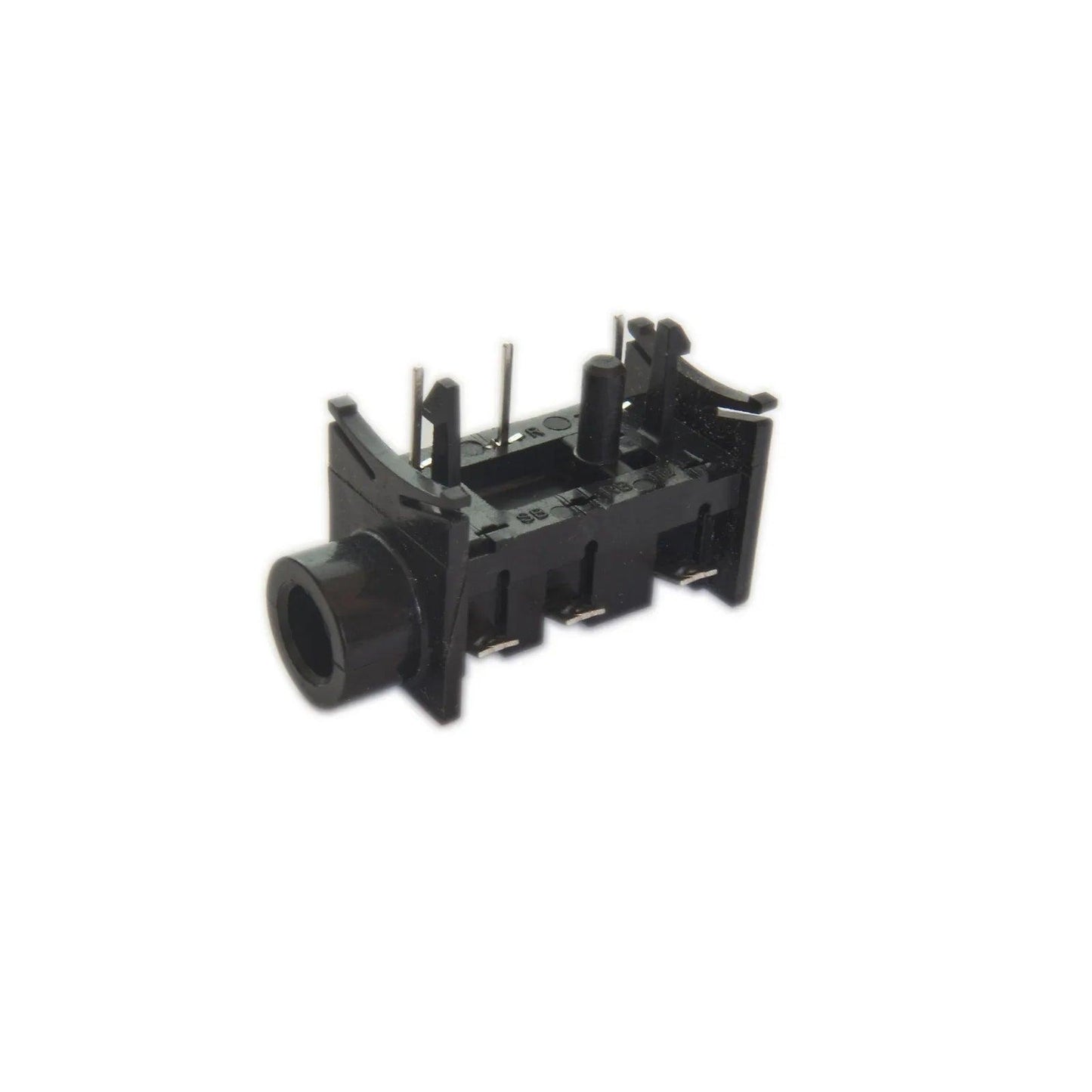 Black plastic audio jack socket connector with pins on white background
