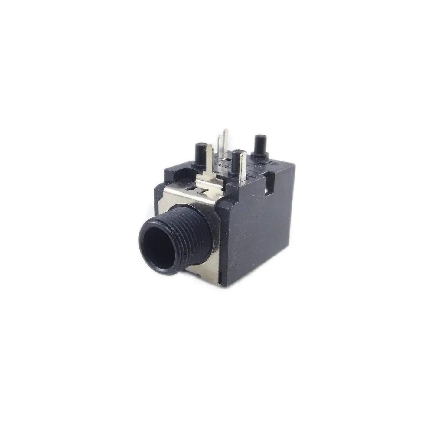 Black and metallic 3.5mm phone jack connector for synthesizer with back pins on white background