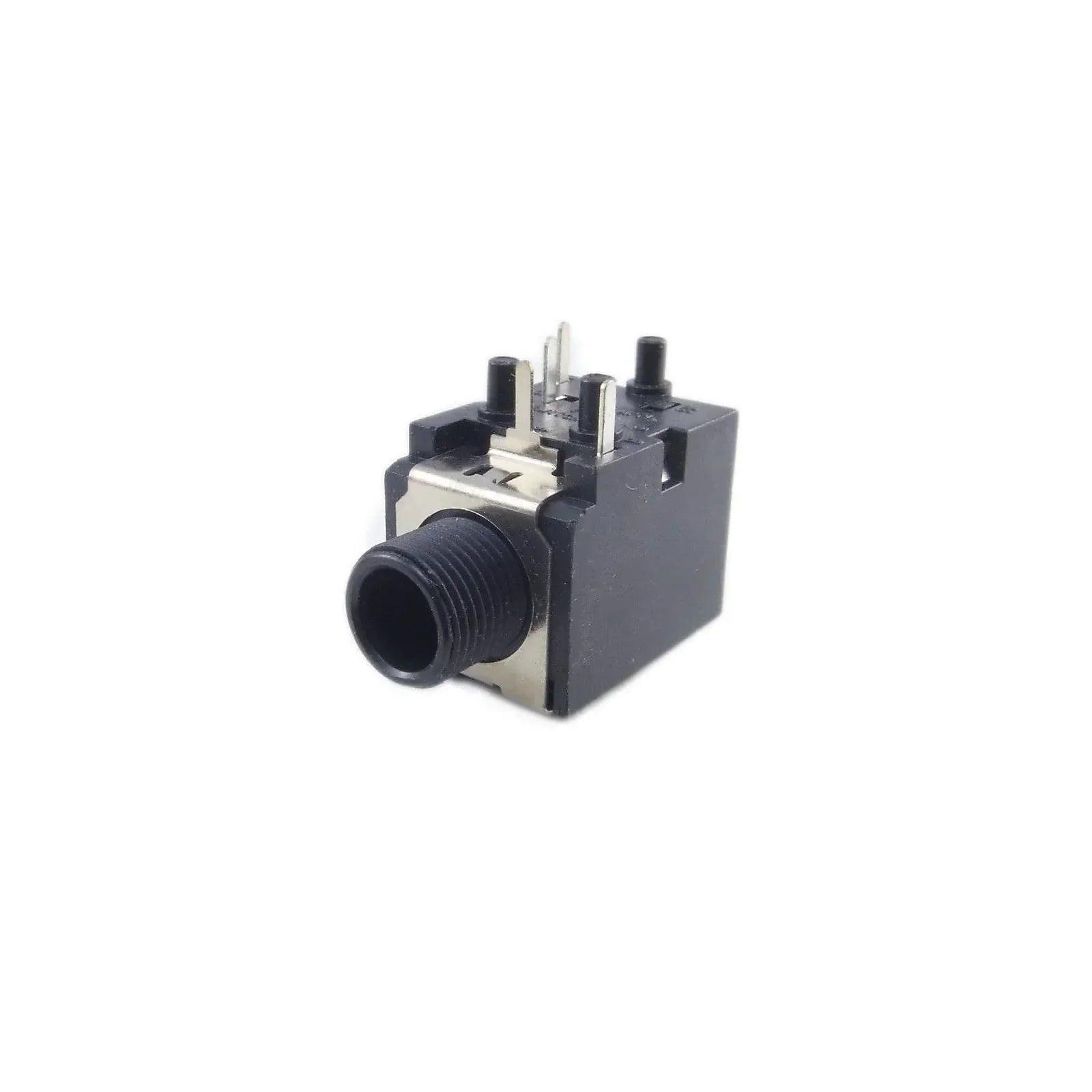 Black stereo output jack plug with metal connectors for synthesizer parts on white background