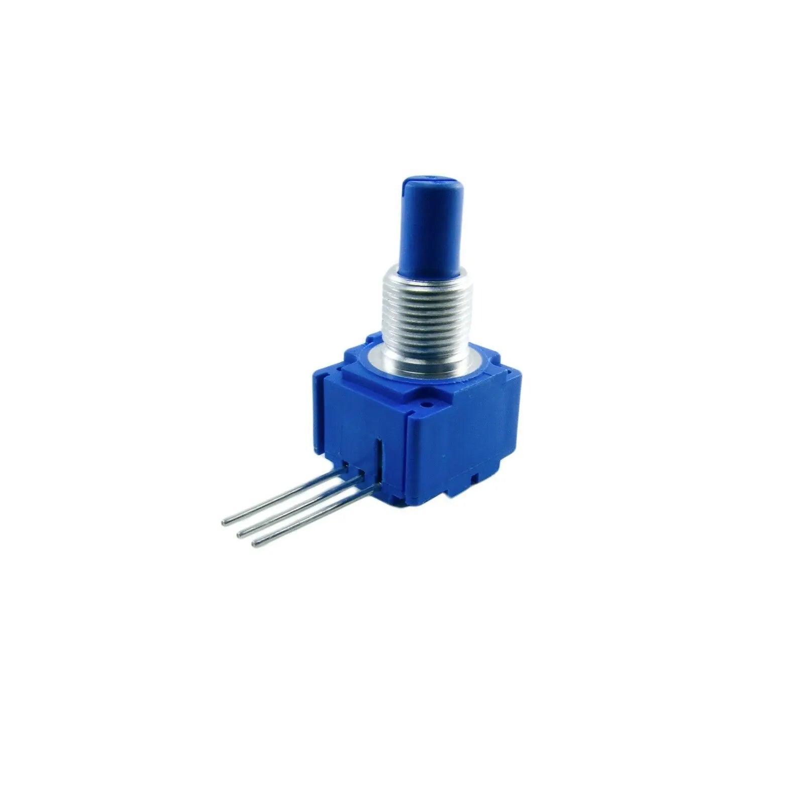 Blue rotary potentiometer with three metal pins for electronic synthesizer parts