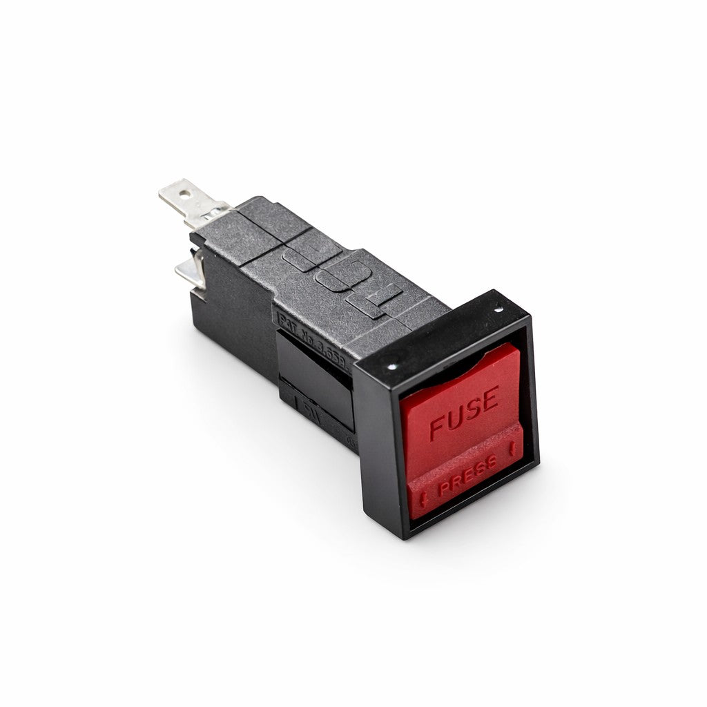 Close-up of a red and black SP-12 red fuse holder part for electronic synthesizer equipment