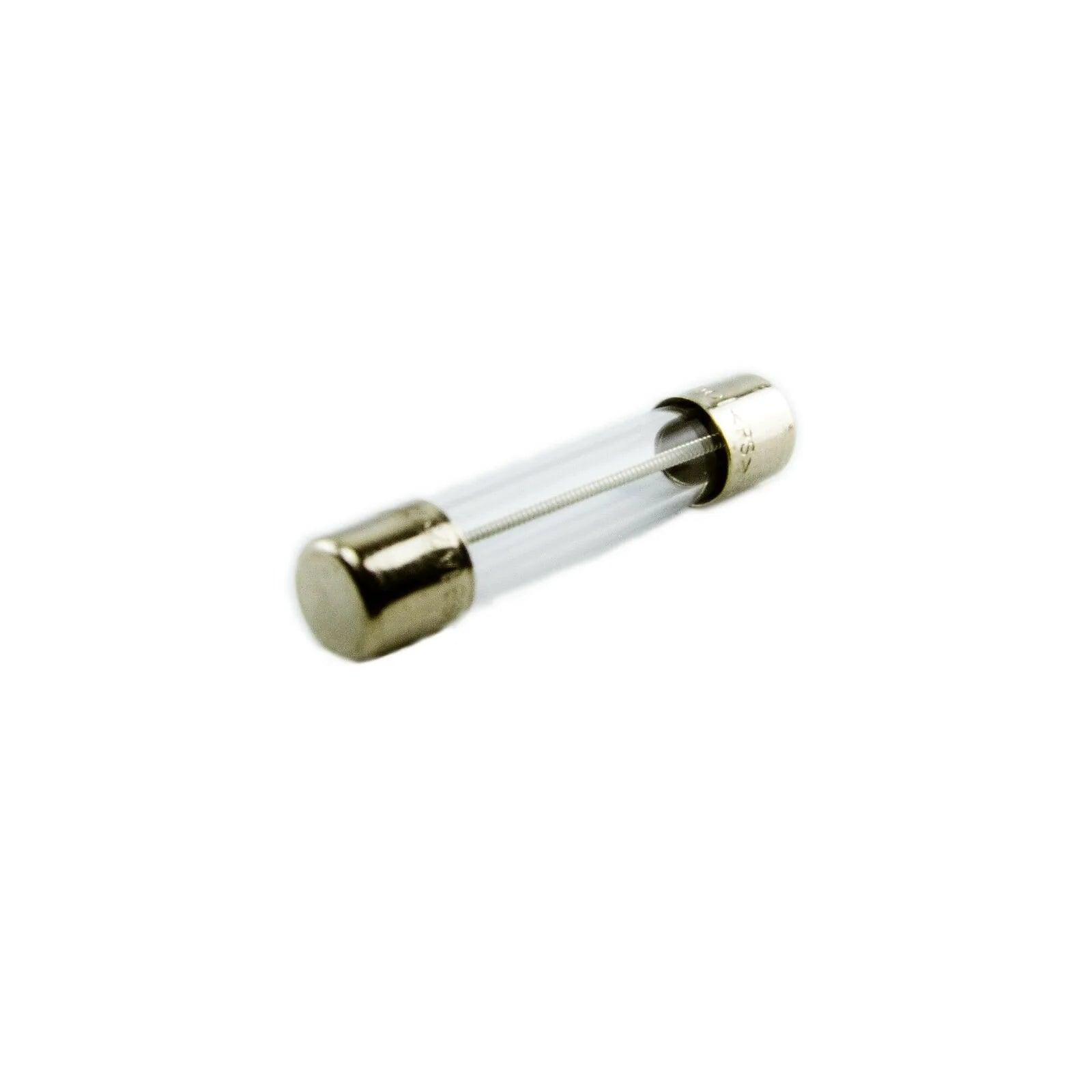 Close-up of a cylindrical glass fuse with metal end caps isolated on white background