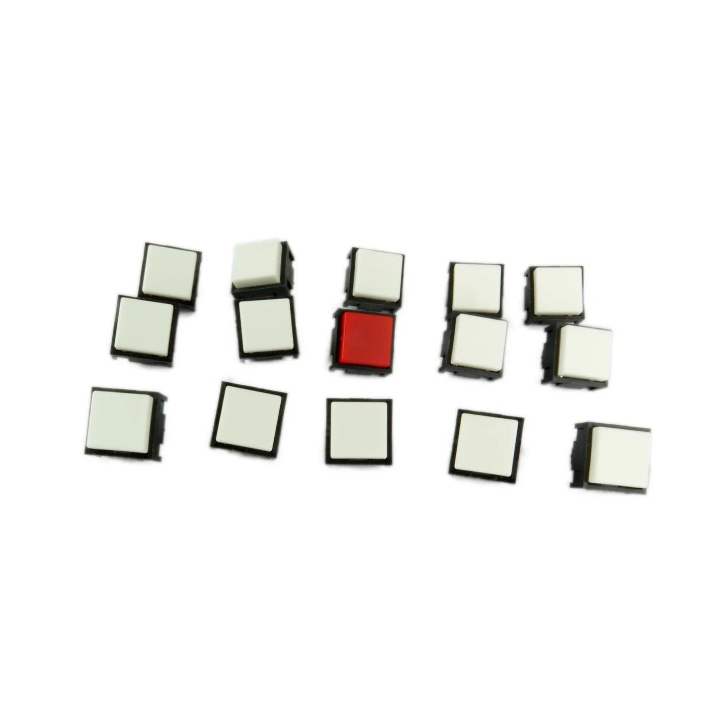Set of 15 white square tact switches with one red switch, electronic components on white background